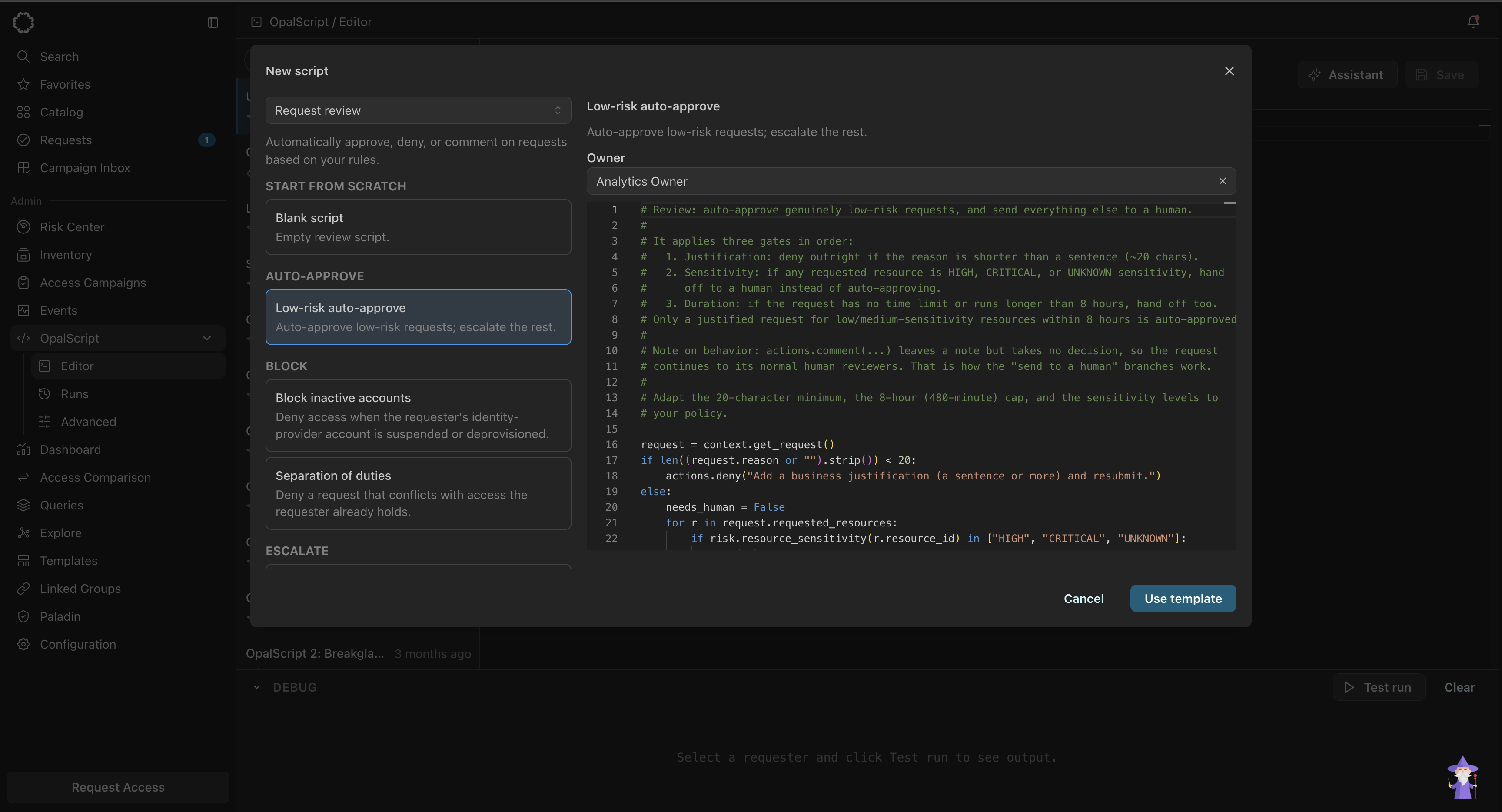 The New script dialog. A Request review type dropdown sits top left, above template groups labeled Start from scratch, Auto-approve, Block, and Escalate. The Low-risk auto-approve template is selected. The right side shows an Owner field set to "Analytics Owner" and a read-only preview of the template's code. Cancel and Use template buttons are at the bottom.