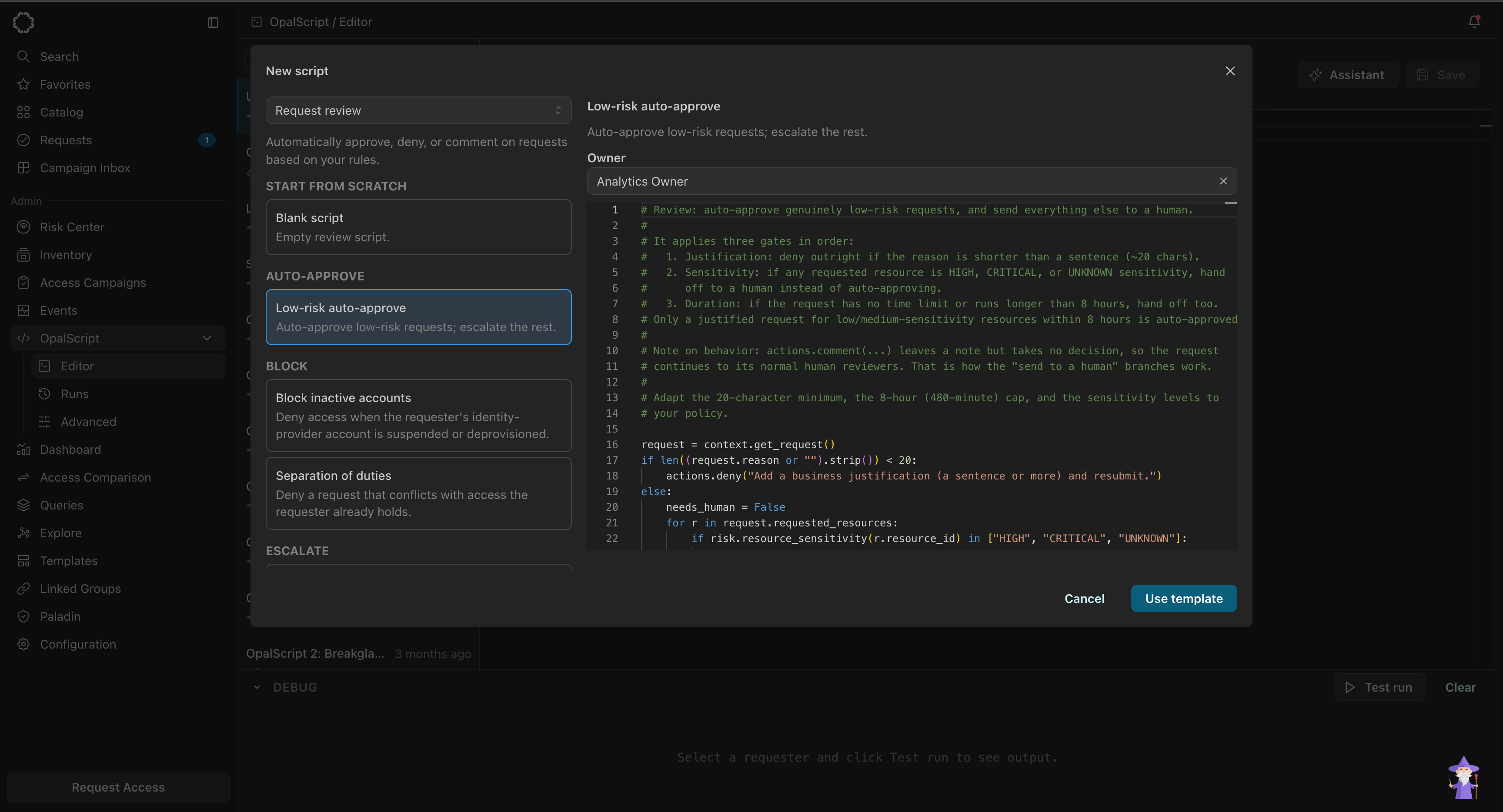 The New script dialog. A Request review type dropdown sits top left, above template groups labeled Start from scratch, Auto-approve, Block, and Escalate. The Low-risk auto-approve template is selected. The right side shows an Owner field set to "Analytics Owner" and a read-only preview of the template's code. Cancel and Use template buttons are at the bottom.