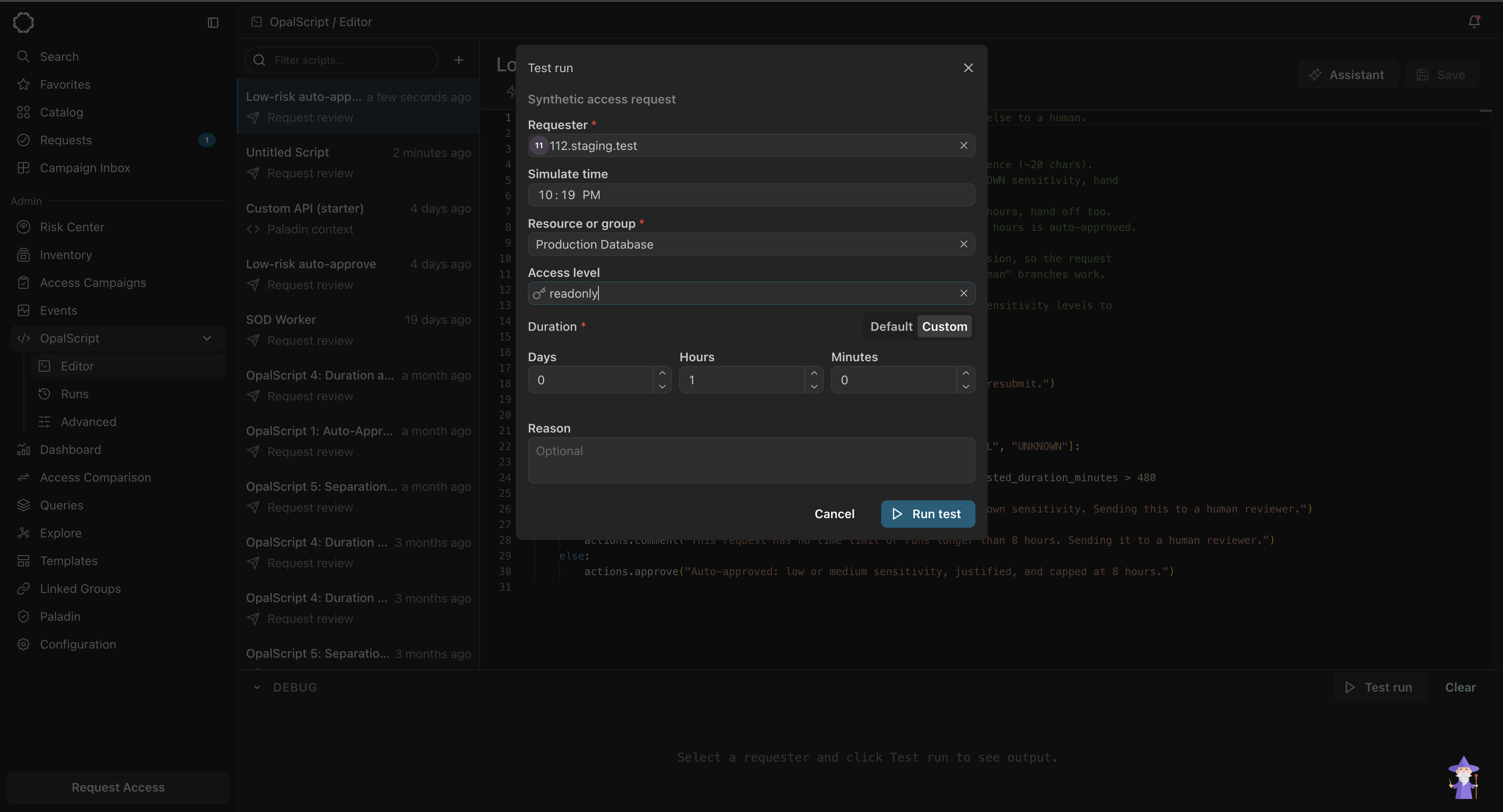 The Test run dialog, headed "Synthetic access request". Requester is set to a test user, Simulate time to 10:19 PM, Resource or group to "Production Database", and Access level to "readonly". Duration is set to Custom with 0 days, 1 hour, 0 minutes, and the Reason field is empty. Cancel and Run test buttons are at the bottom.