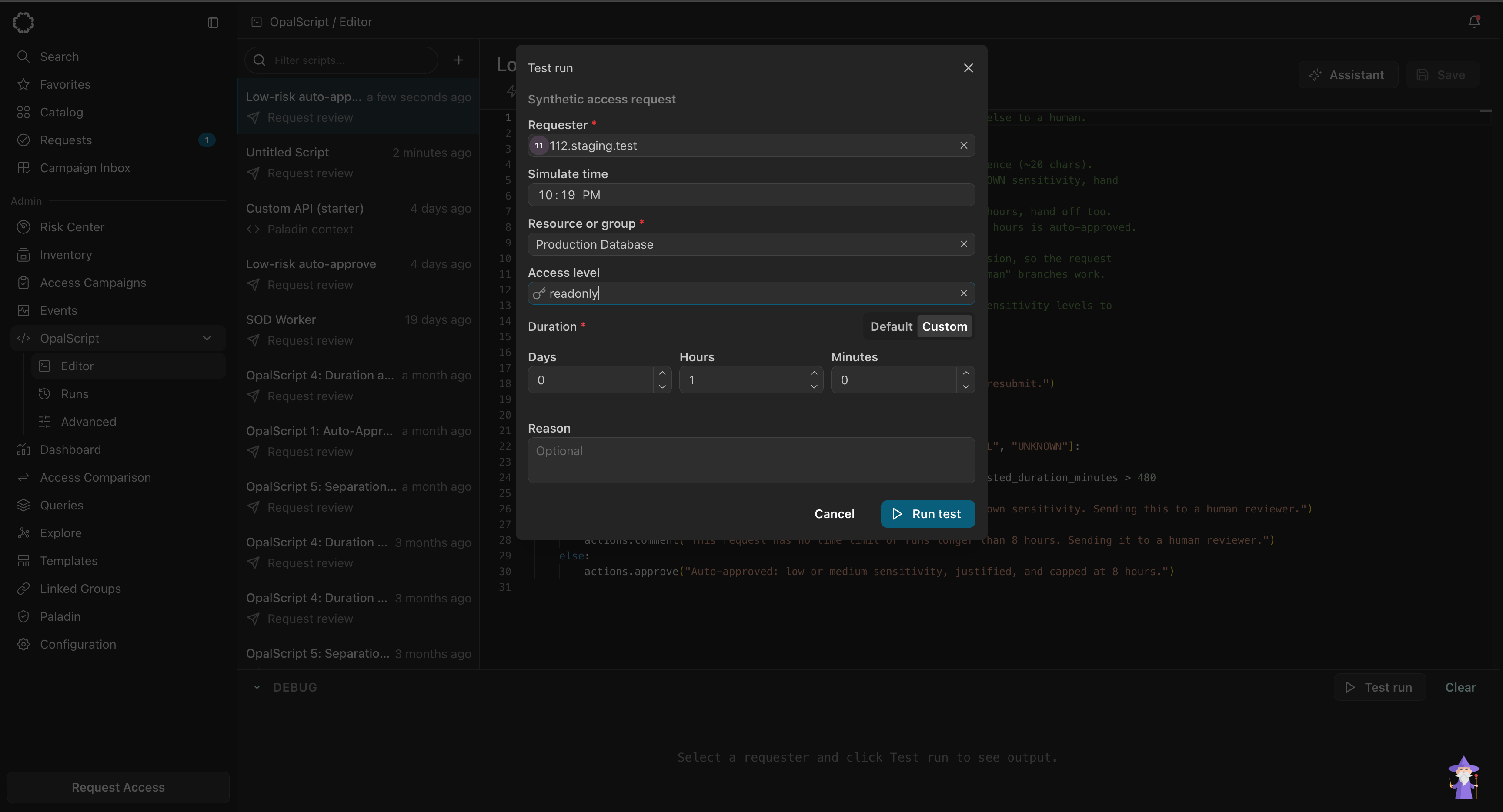 The Test run dialog, headed "Synthetic access request". Requester is set to a test user, Simulate time to 10:19 PM, Resource or group to "Production Database", and Access level to "readonly". Duration is set to Custom with 0 days, 1 hour, 0 minutes, and the Reason field is empty. Cancel and Run test buttons are at the bottom.