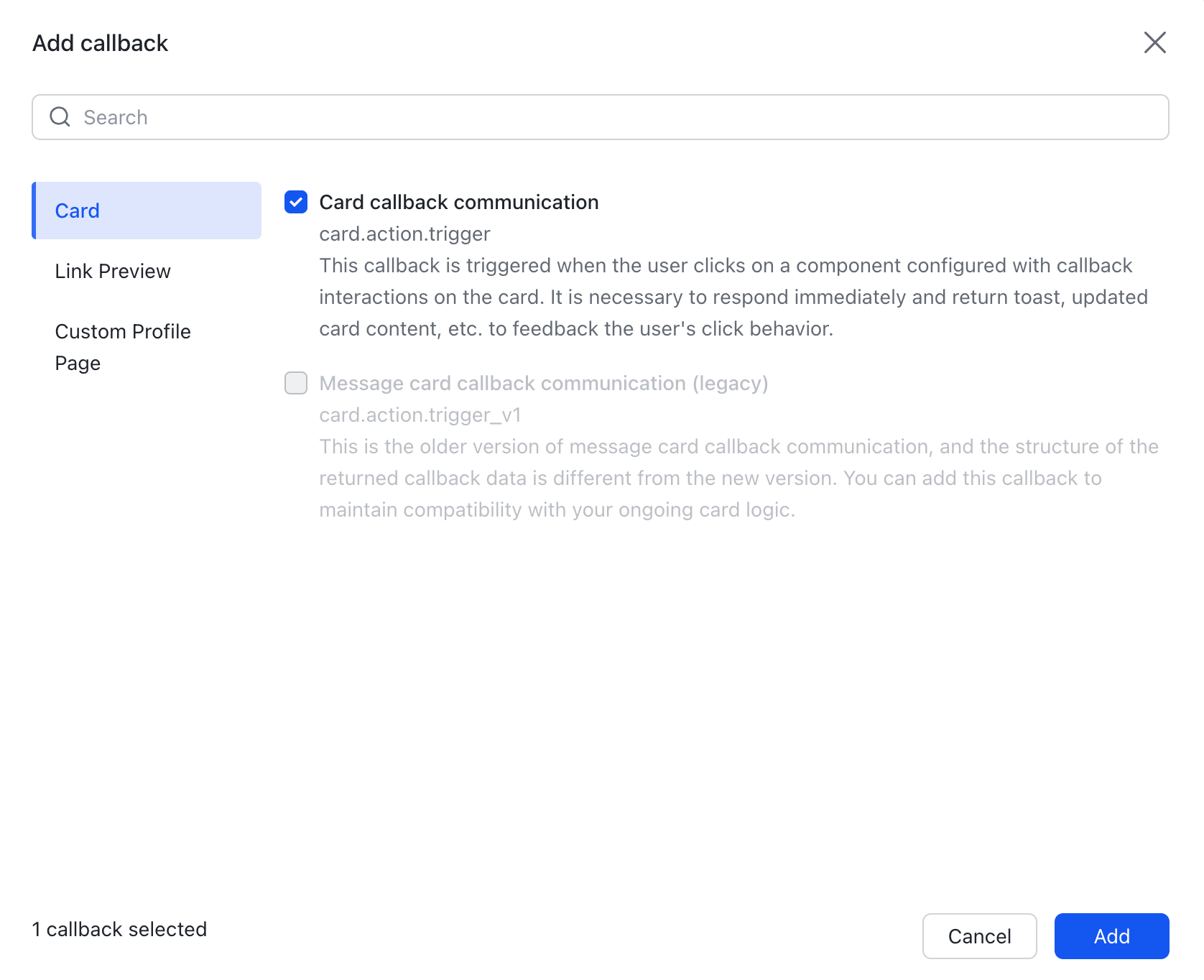Lark Developer Console Add callback dialog with the Card callback communication (card.action.trigger) callback selected