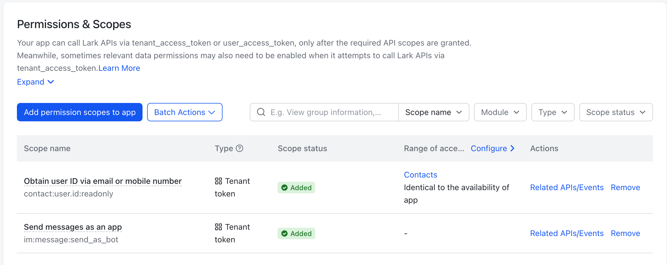 Lark Developer Console Permissions & Scopes page showing the im:message:send_as_bot and contact:user.id:readonly scopes added to the app