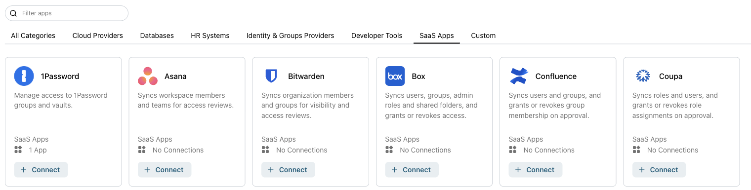 The Add App catalog, filtered to SaaS Apps, with the 1Password tile first
