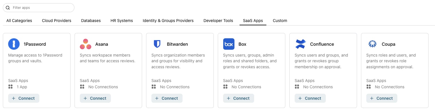 The Add App catalog, filtered to SaaS Apps, with the 1Password tile first
