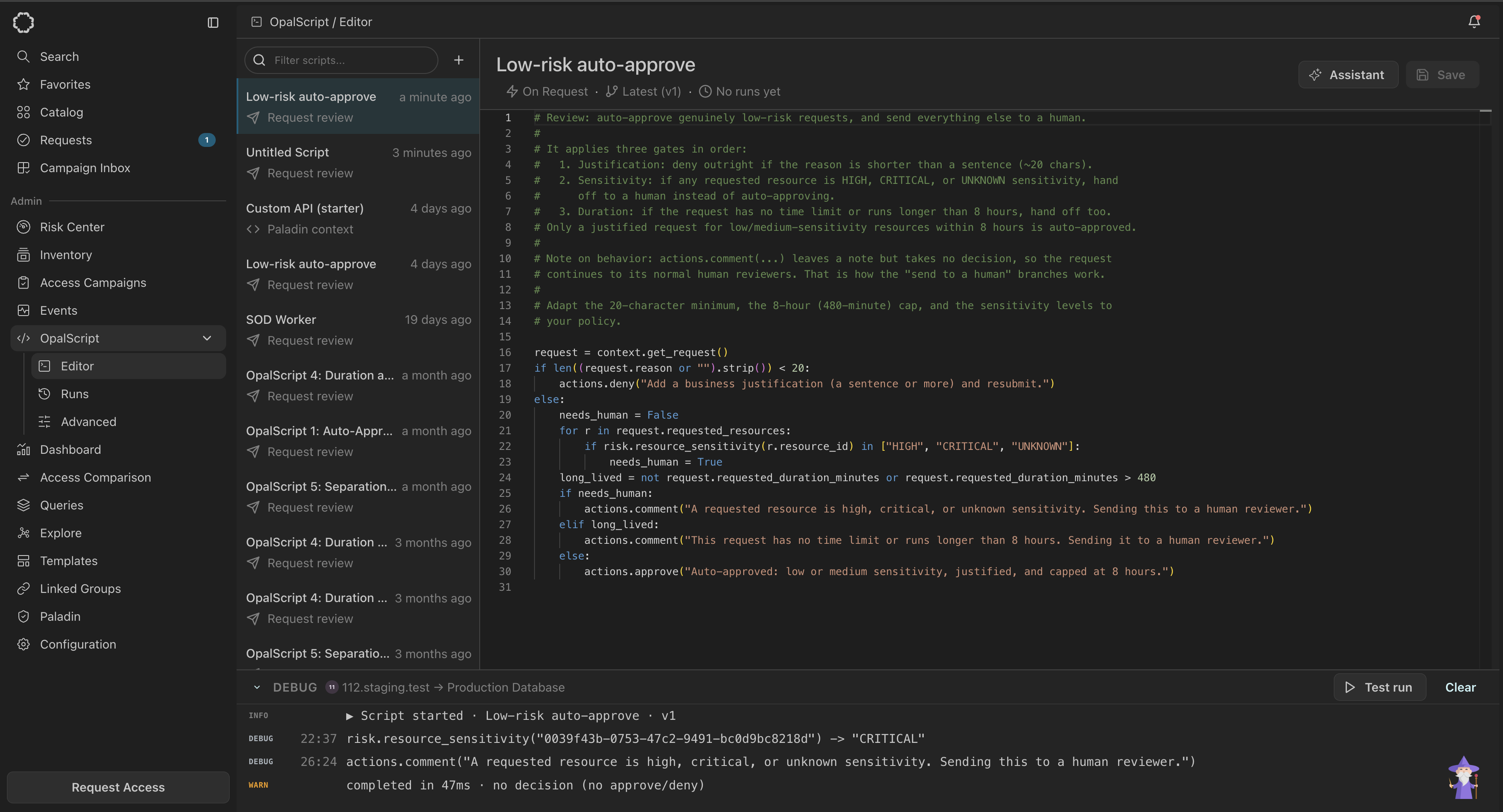 The Debug panel after a test run, labeled with the requester and "Production Database". An INFO line reads "Script started - Low-risk auto-approve - v1". Two DEBUG lines show line and column numbers next to the calls made, including a resource_sensitivity lookup returning "CRITICAL" and the resulting actions.comment call. A WARN line reads "completed in 47ms - no decision (no approve/deny)".