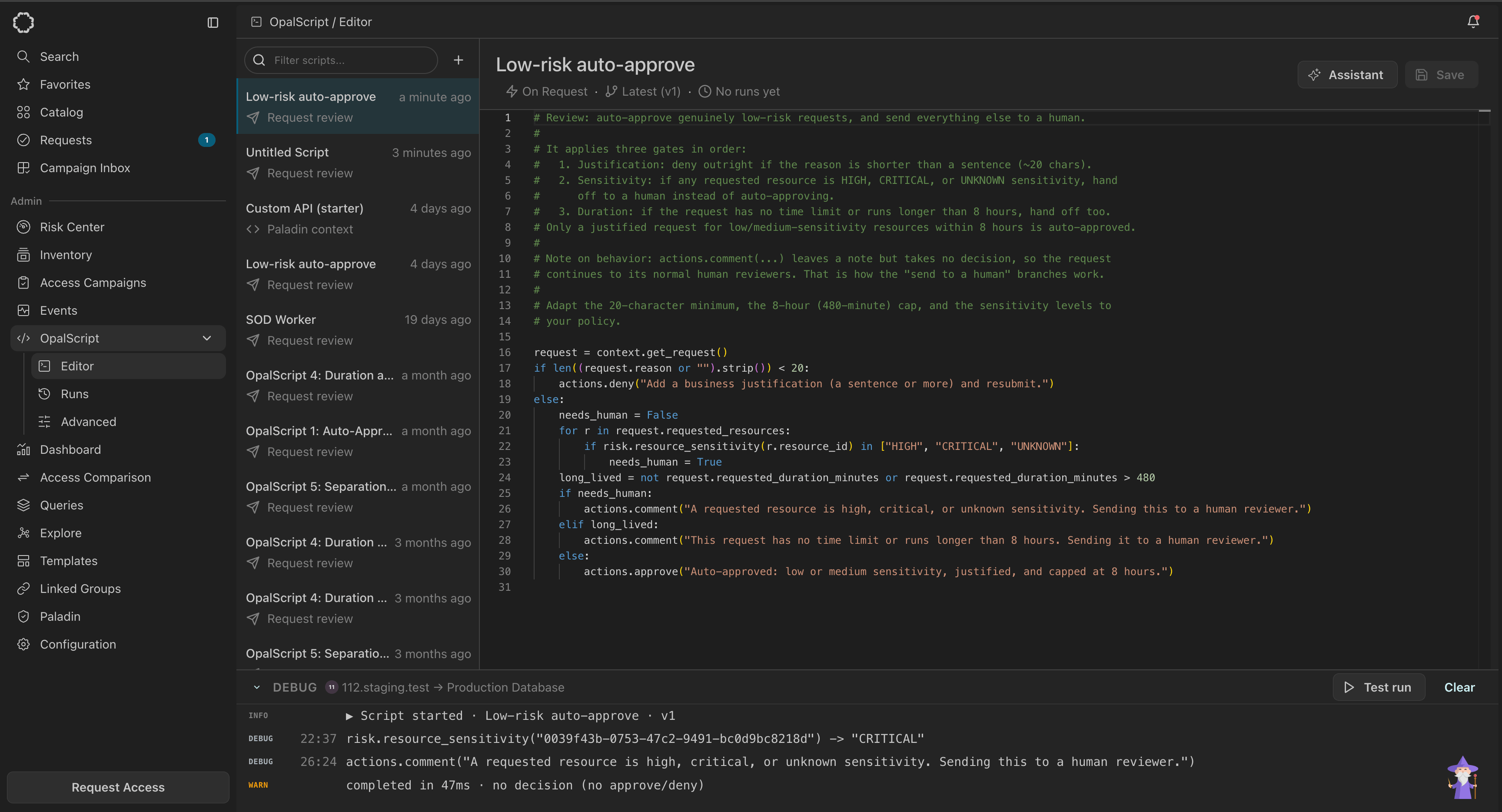 The Debug panel after a test run, labeled with the requester and "Production Database". An INFO line reads "Script started - Low-risk auto-approve - v1". Two DEBUG lines show line and column numbers next to the calls made, including a resource_sensitivity lookup returning "CRITICAL" and the resulting actions.comment call. A WARN line reads "completed in 47ms - no decision (no approve/deny)".