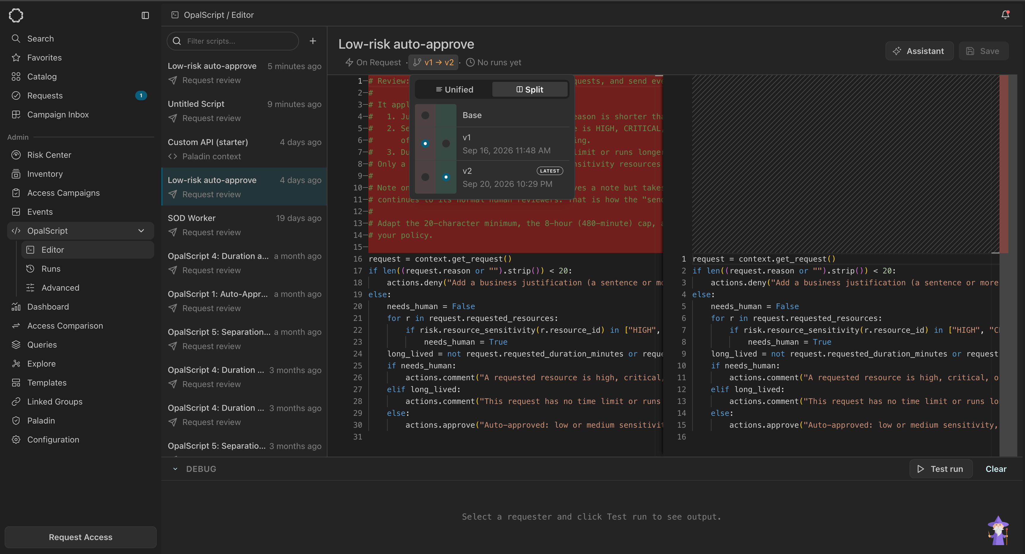 The version history popover, expanded over a split diff. A Unified / Split toggle sits at the top. Below it, a Base column of radio buttons lets you pick which version to compare against, with v1 dated Sep 16 and v2 dated Sep 20 tagged LATEST. Behind the popover, the editor shows v1 on the left and v2 on the right, with removed comment lines highlighted. The metadata row reads "v1 to v2".