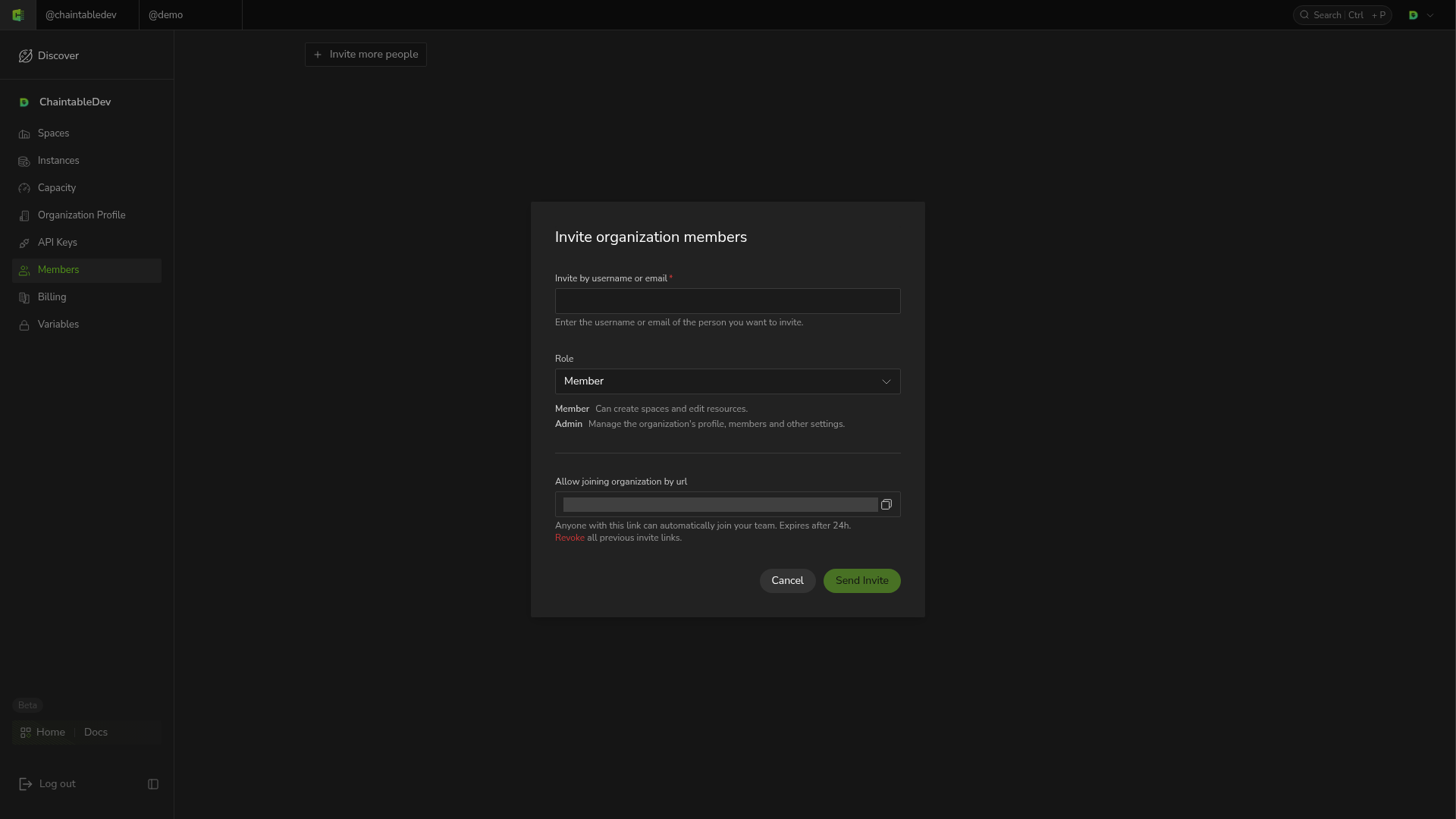 Member and Admin role descriptions in the invitation dialog