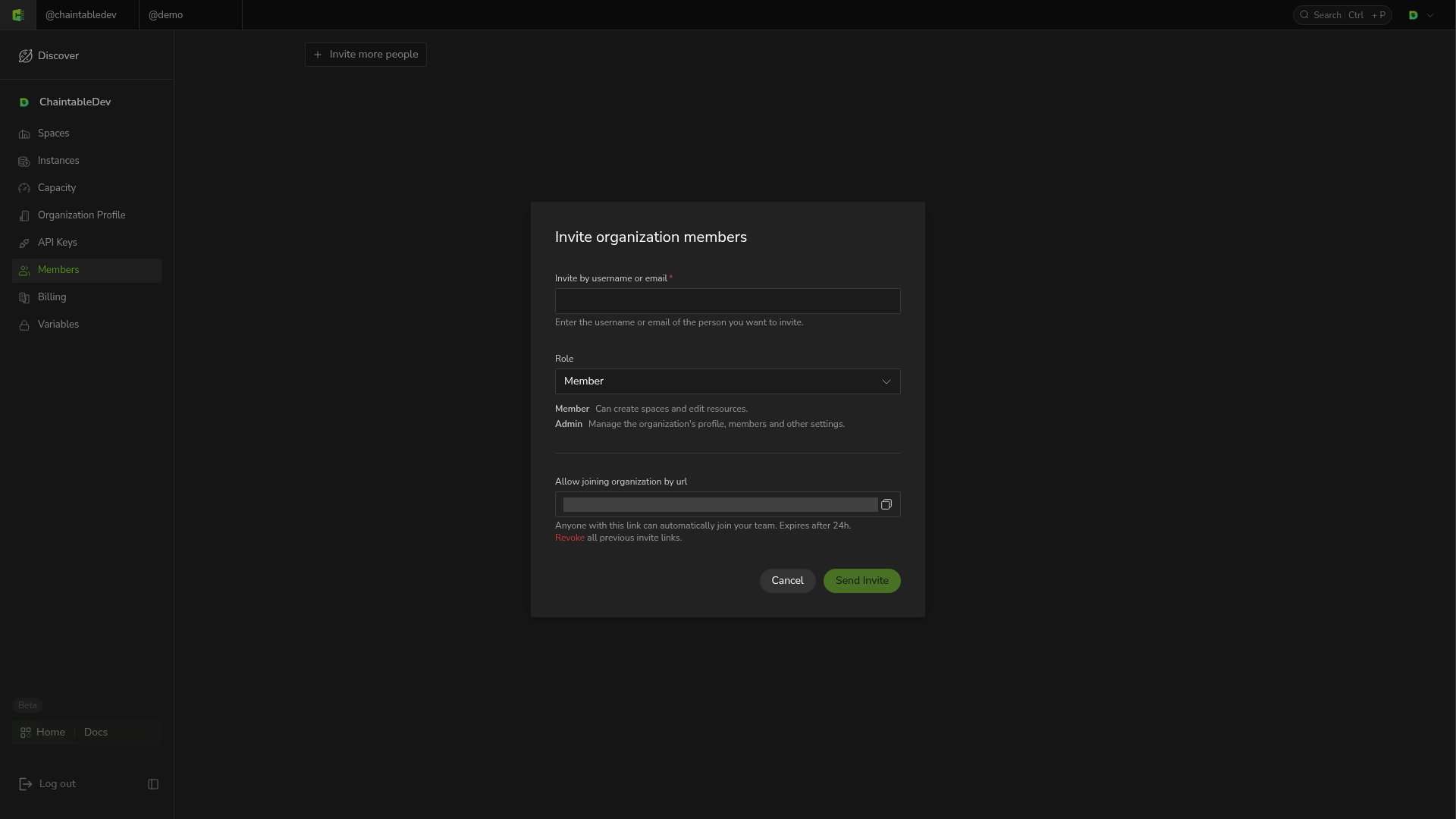 Member and Admin role descriptions in the invitation dialog