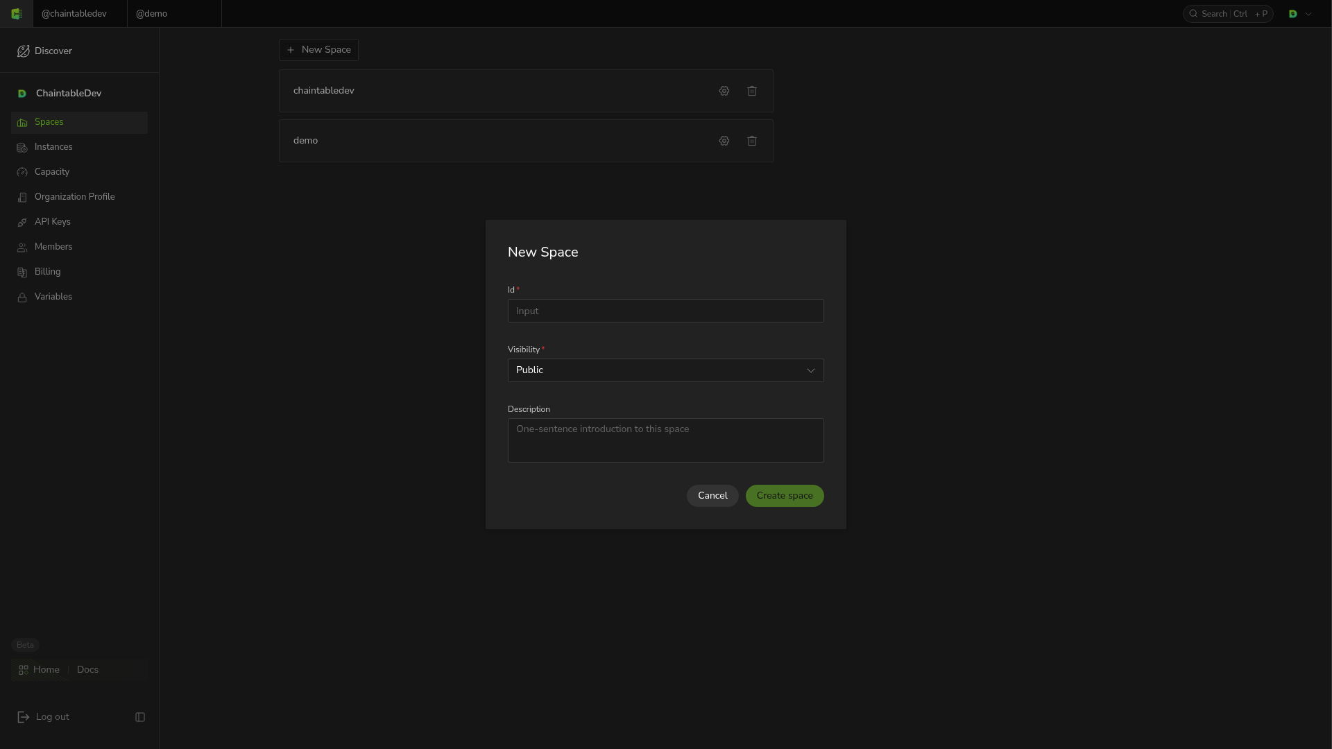 Id, Visibility, and Description in the New Space dialog