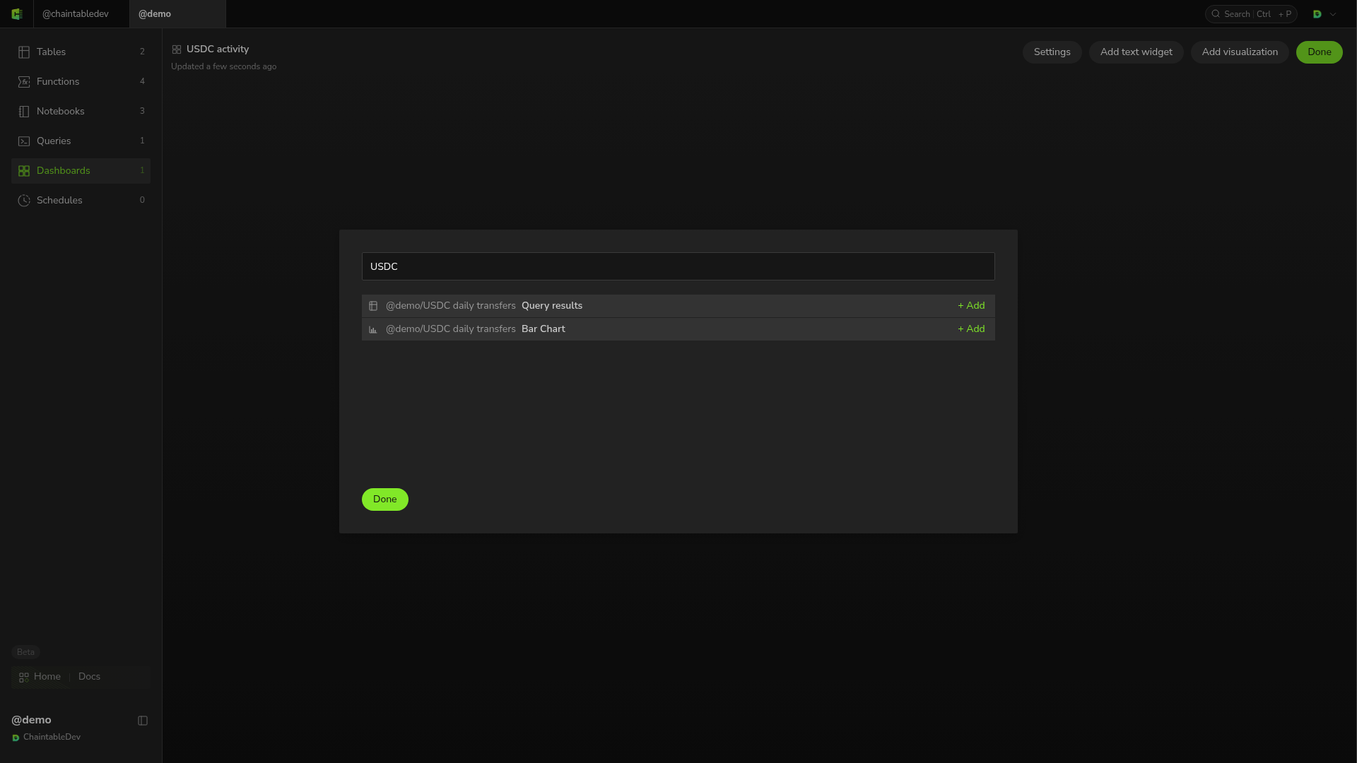 Search for the USDC query and add its Bar Chart to the dashboard