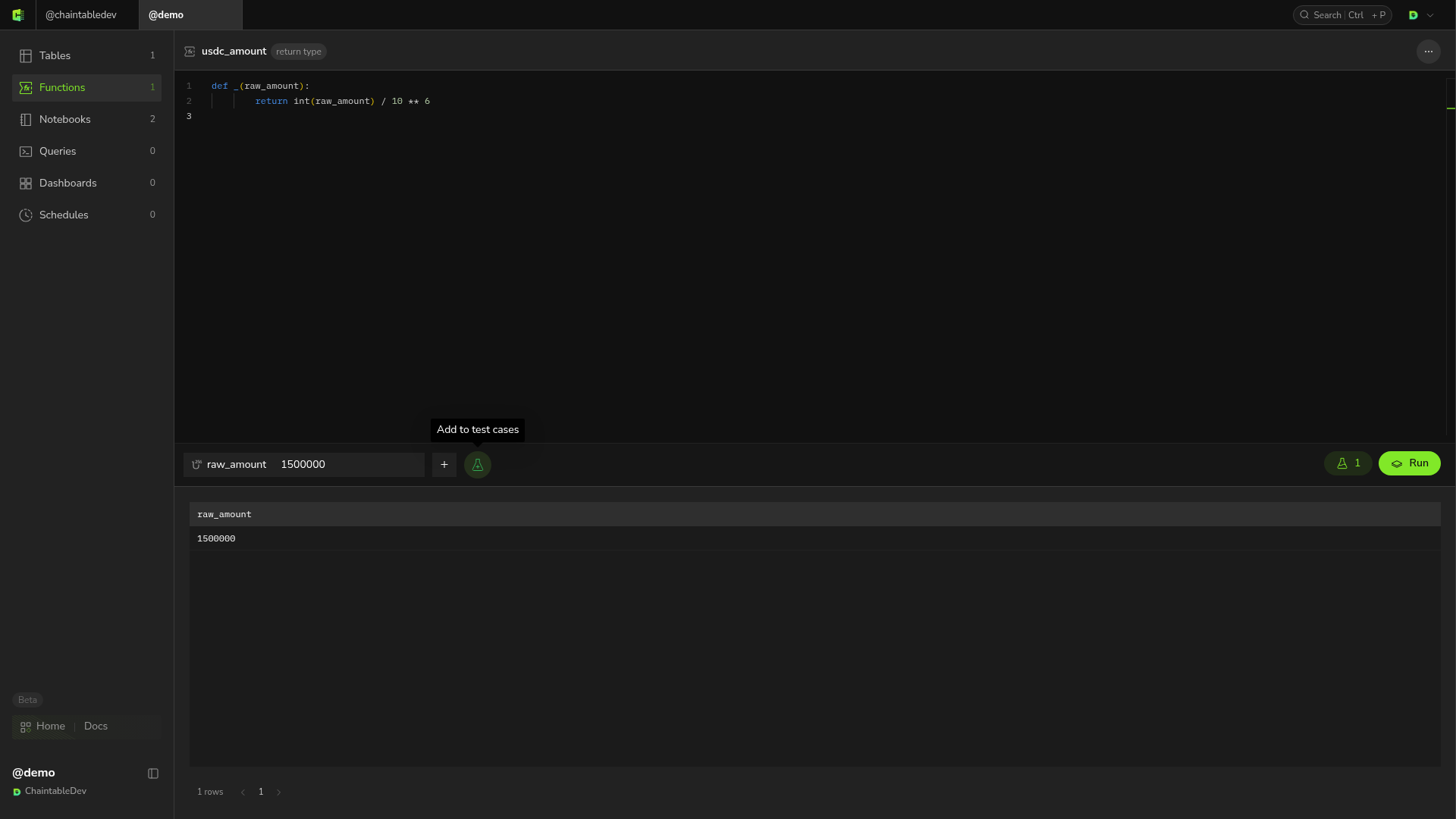 A saved test case with raw_amount set to 1500000