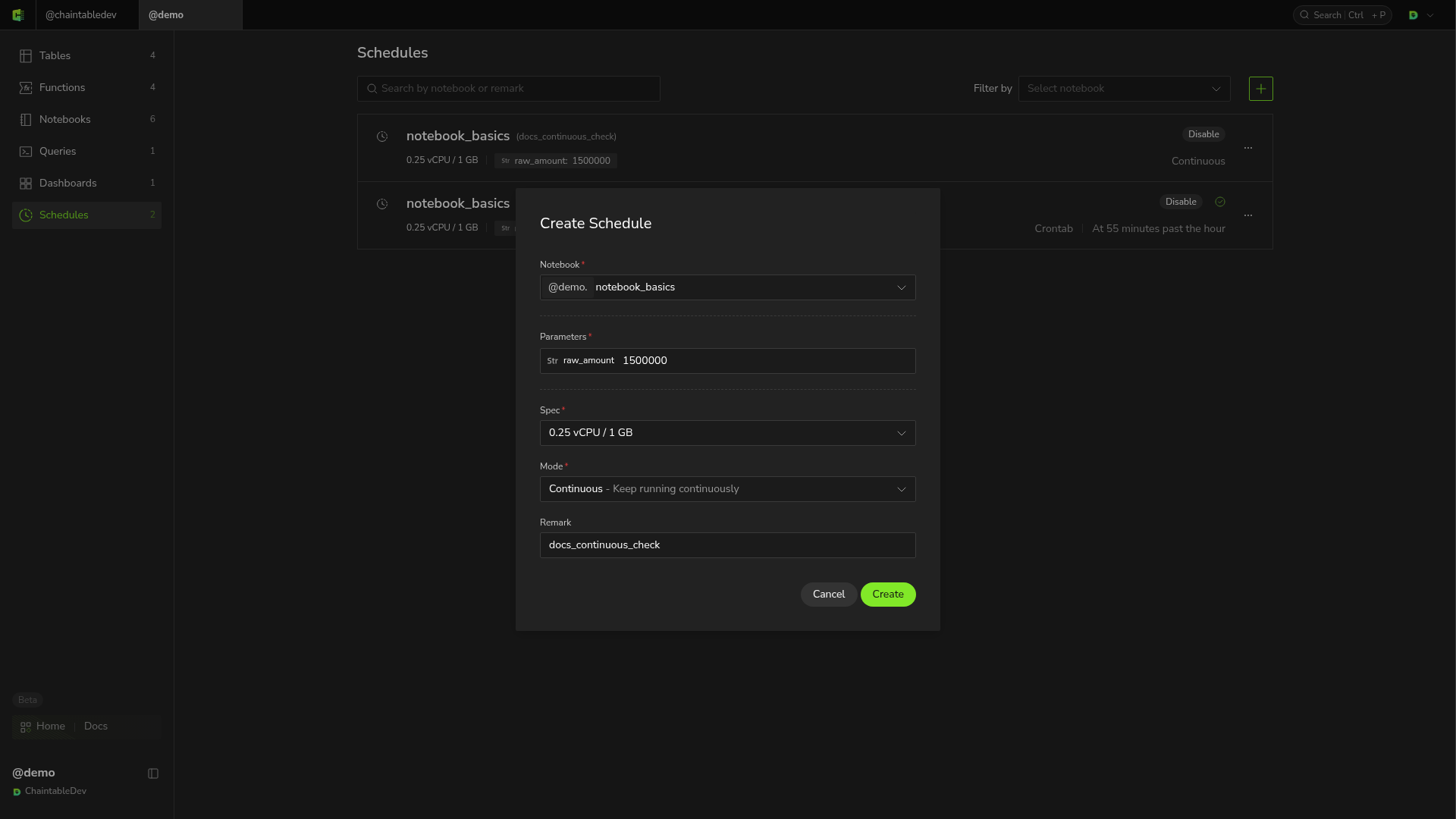 Notebook schedule configuration in Continuous mode