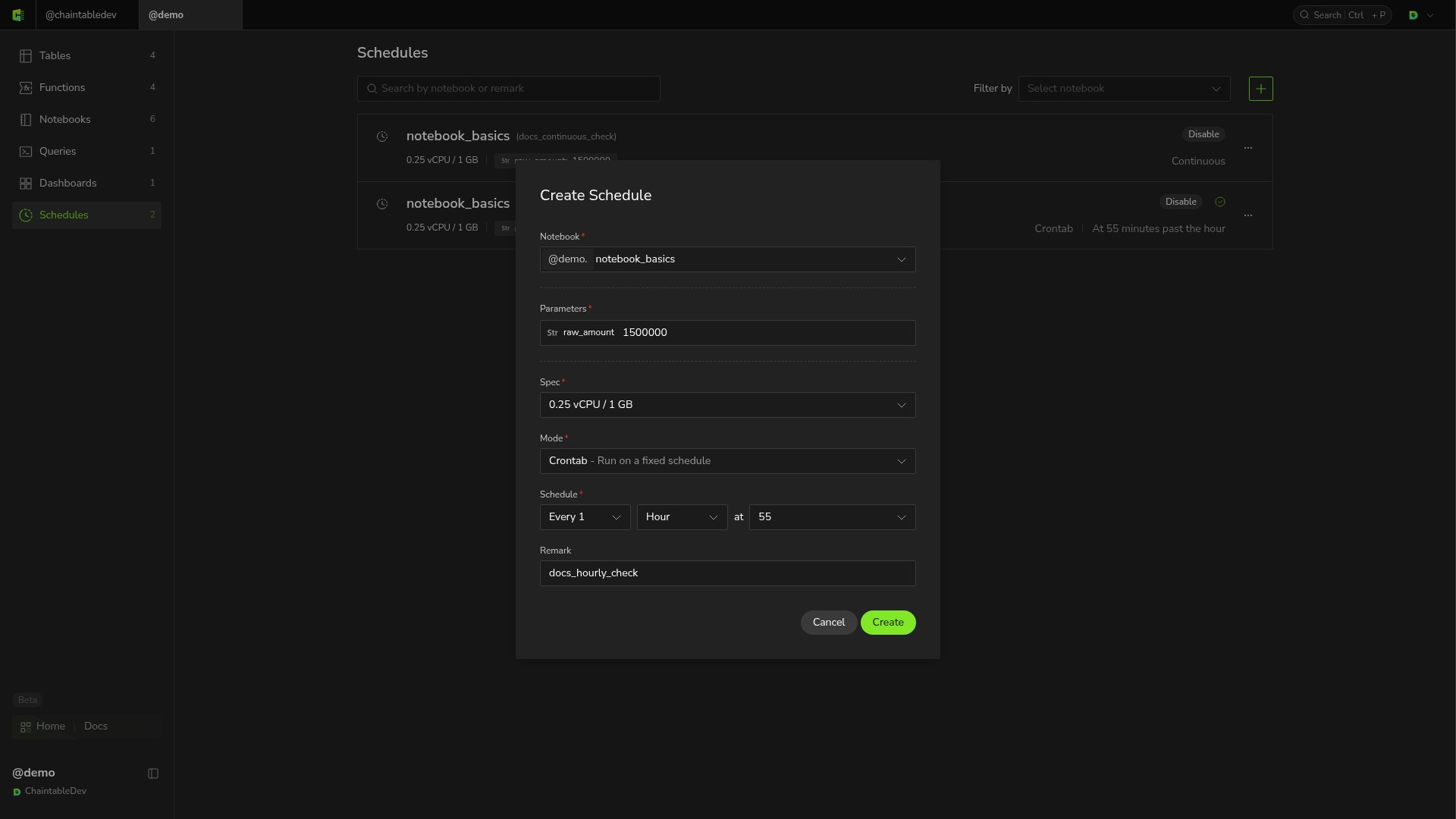 Hourly schedule settings for notebook_basics, including parameters and resources