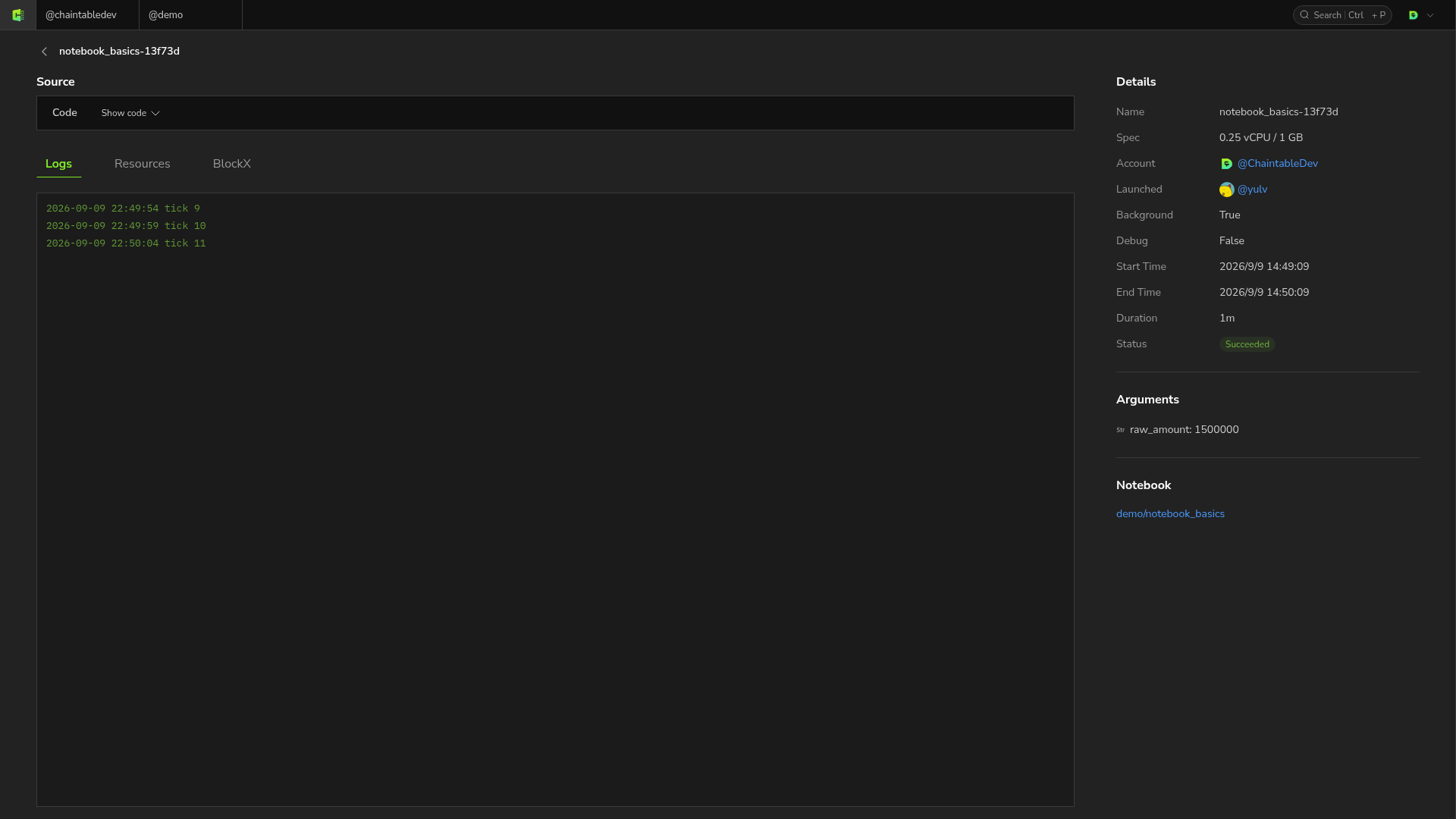 Instance details show background mode, compute resources, and logs