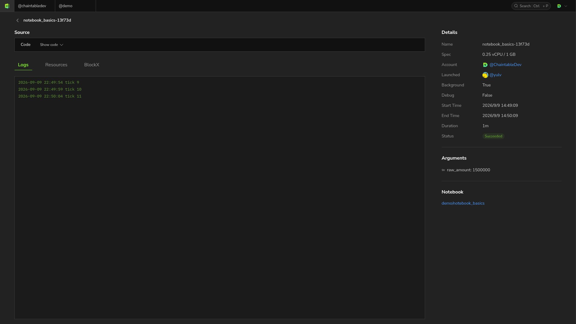 Instance details show background mode, compute resources, and logs