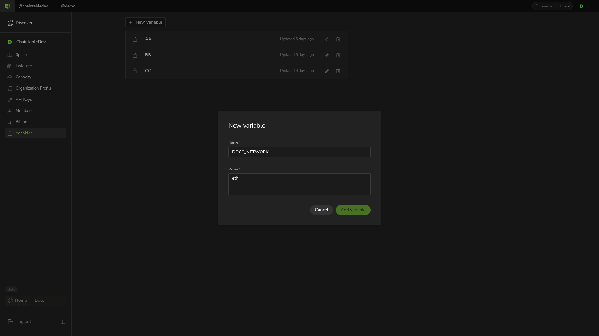 Add the DOCS_NETWORK runtime variable to the account