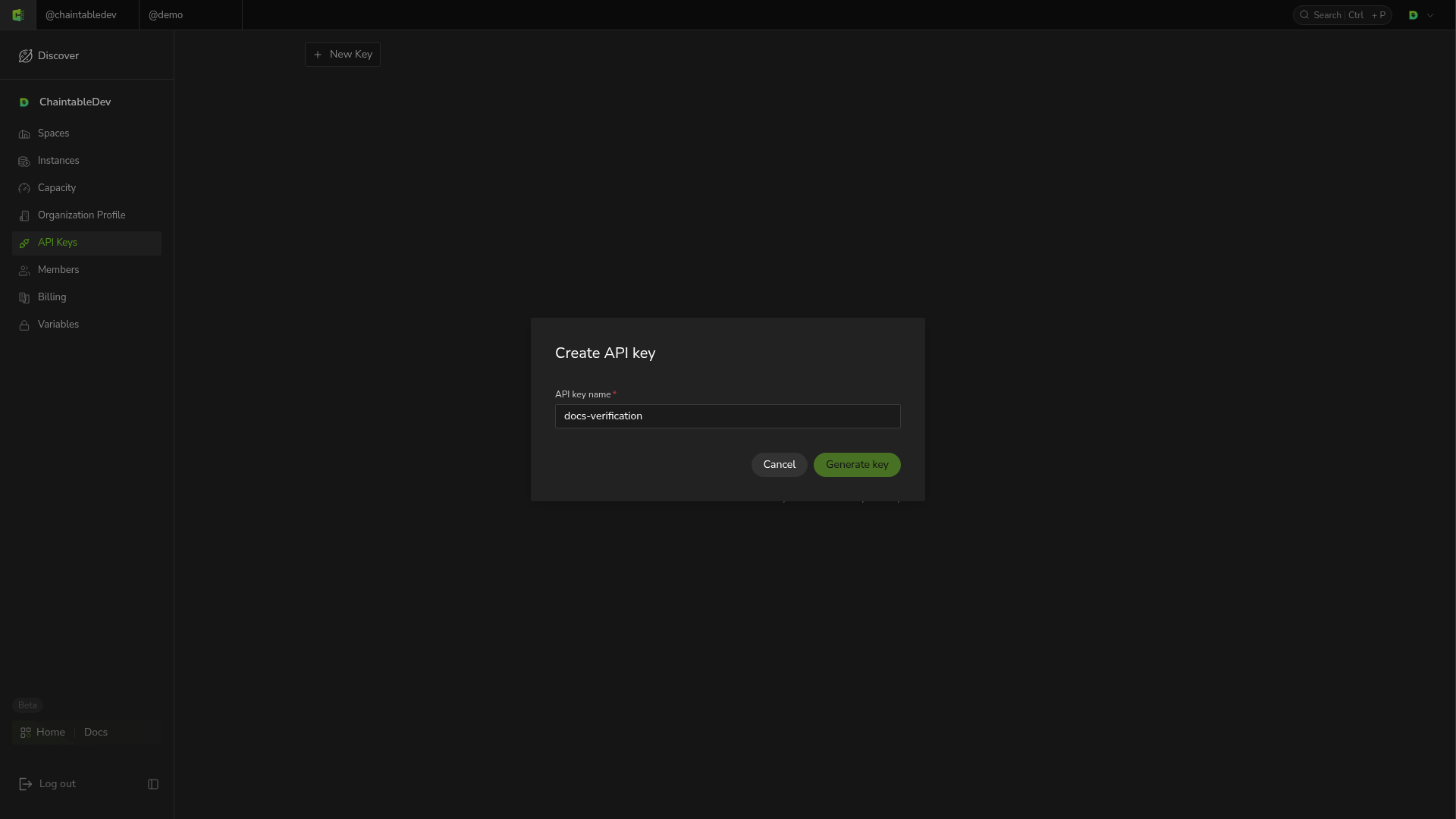 Name input and Generate key button in the New Key dialog