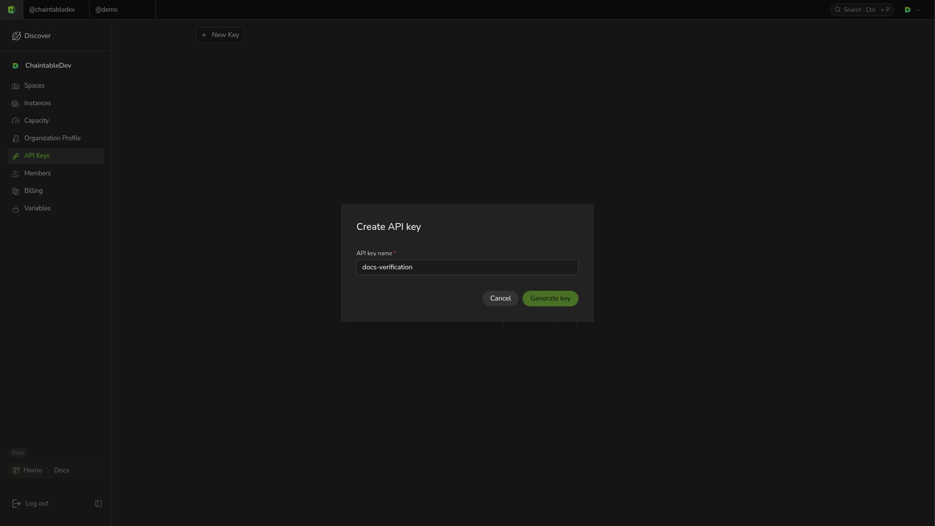 Name input and Generate key button in the New Key dialog