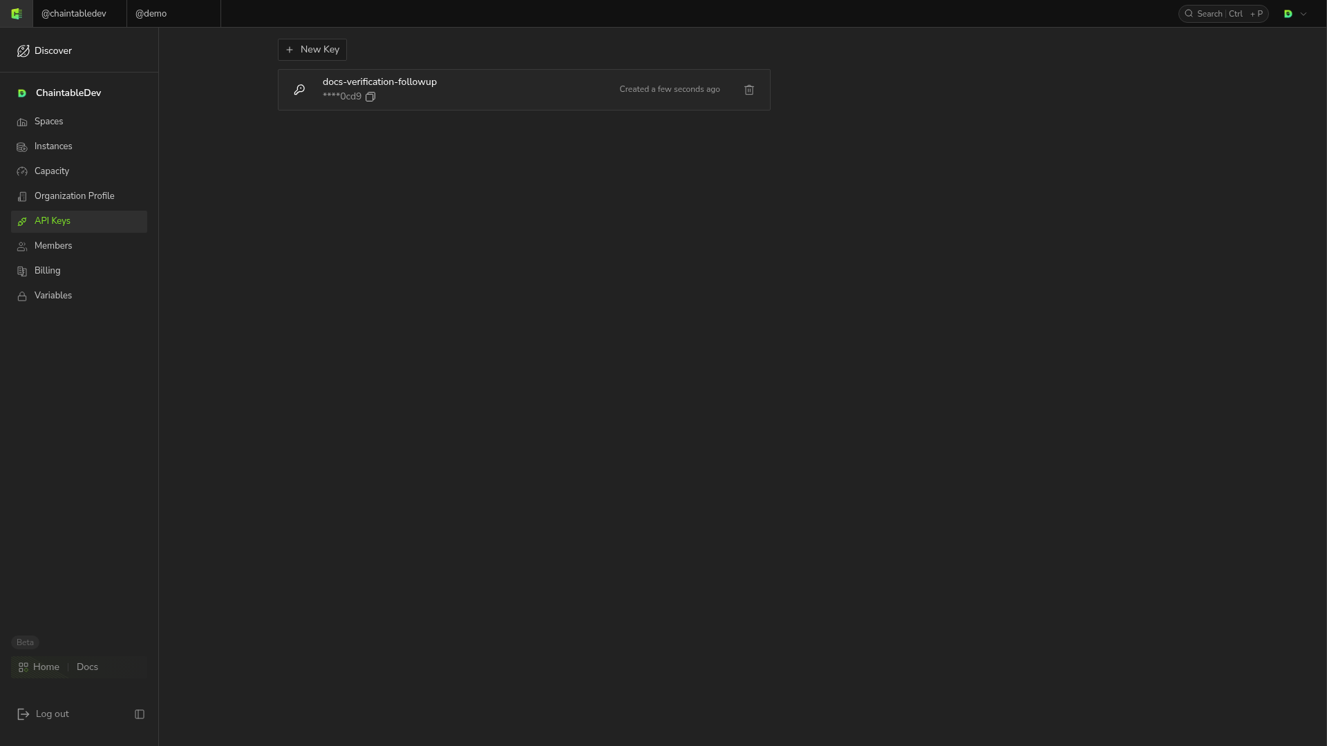 API Keys list with names, masked values, and delete controls