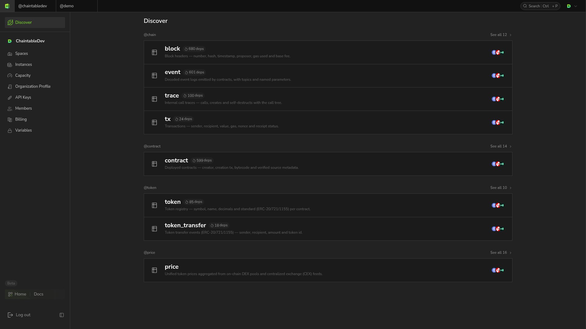 Discover groups public data under chain, contract, token, and price