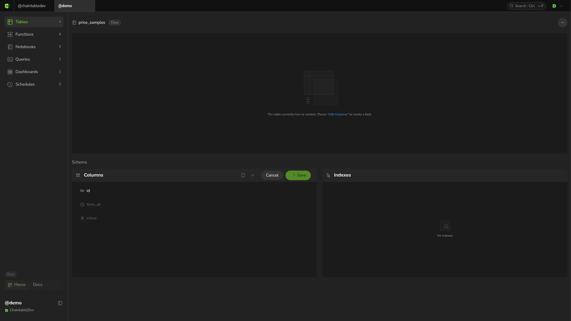 price_samples uses the id, time_at, and value fields