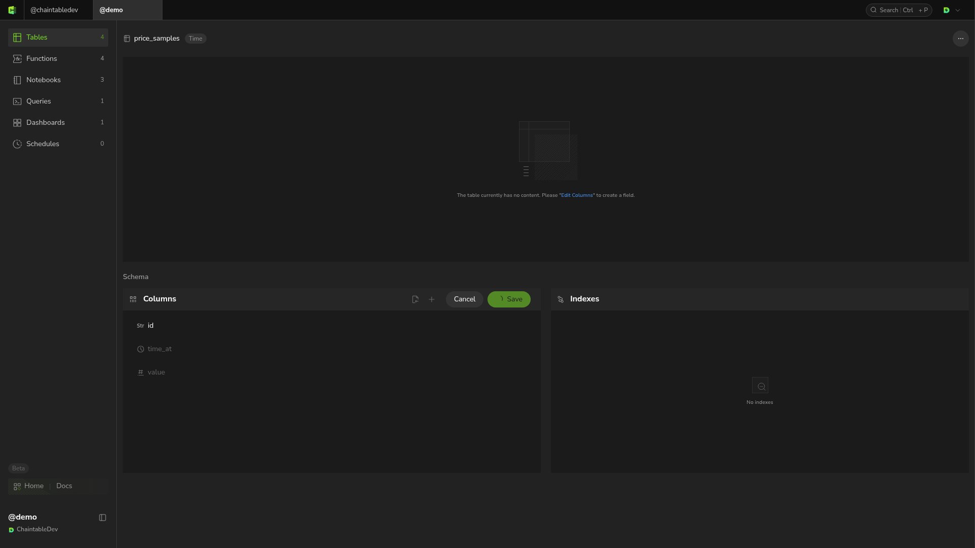 price_samples uses the id, time_at, and value fields