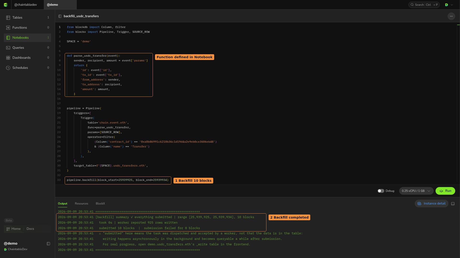 Backfill call and completed output in backfill_usdc_transfers