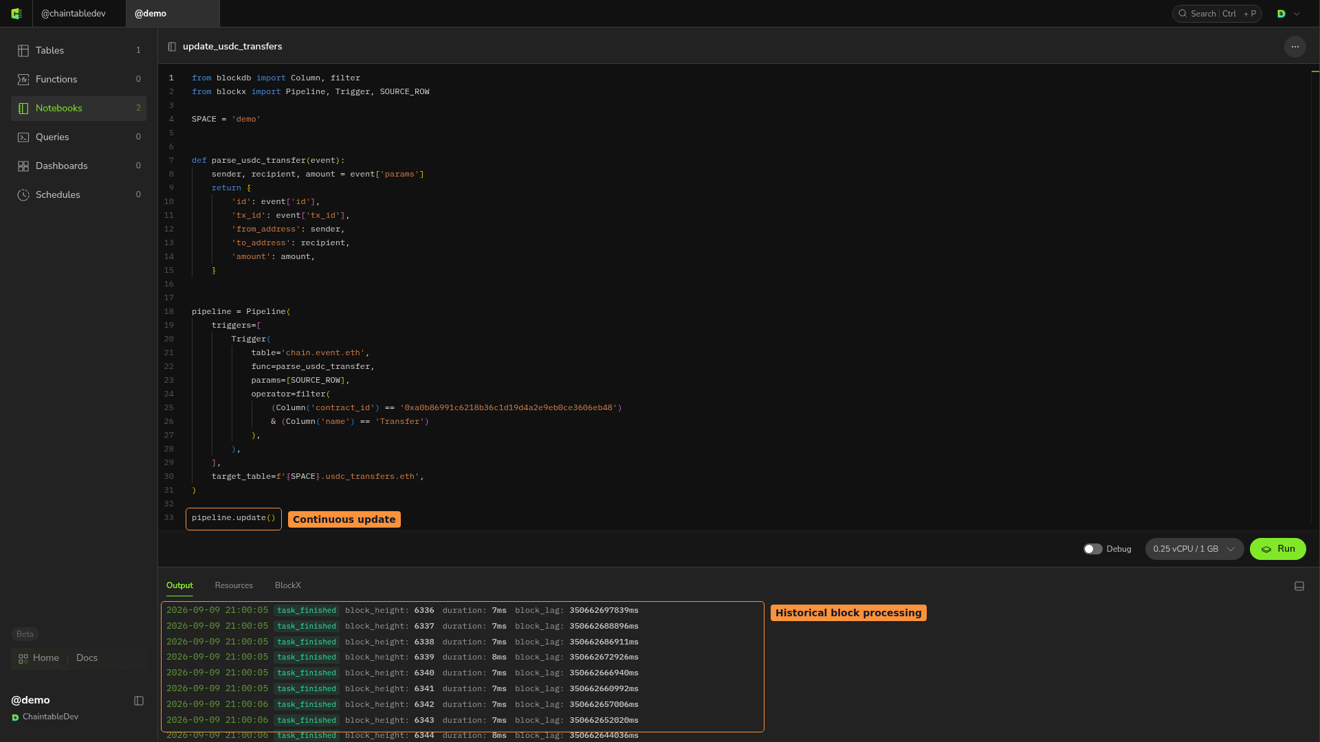 Continuous update call and historical processing logs in update_usdc_transfers