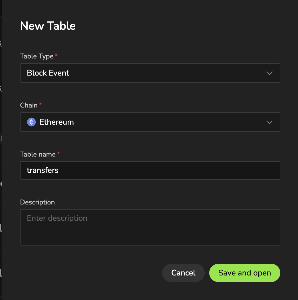 New Table 弹窗