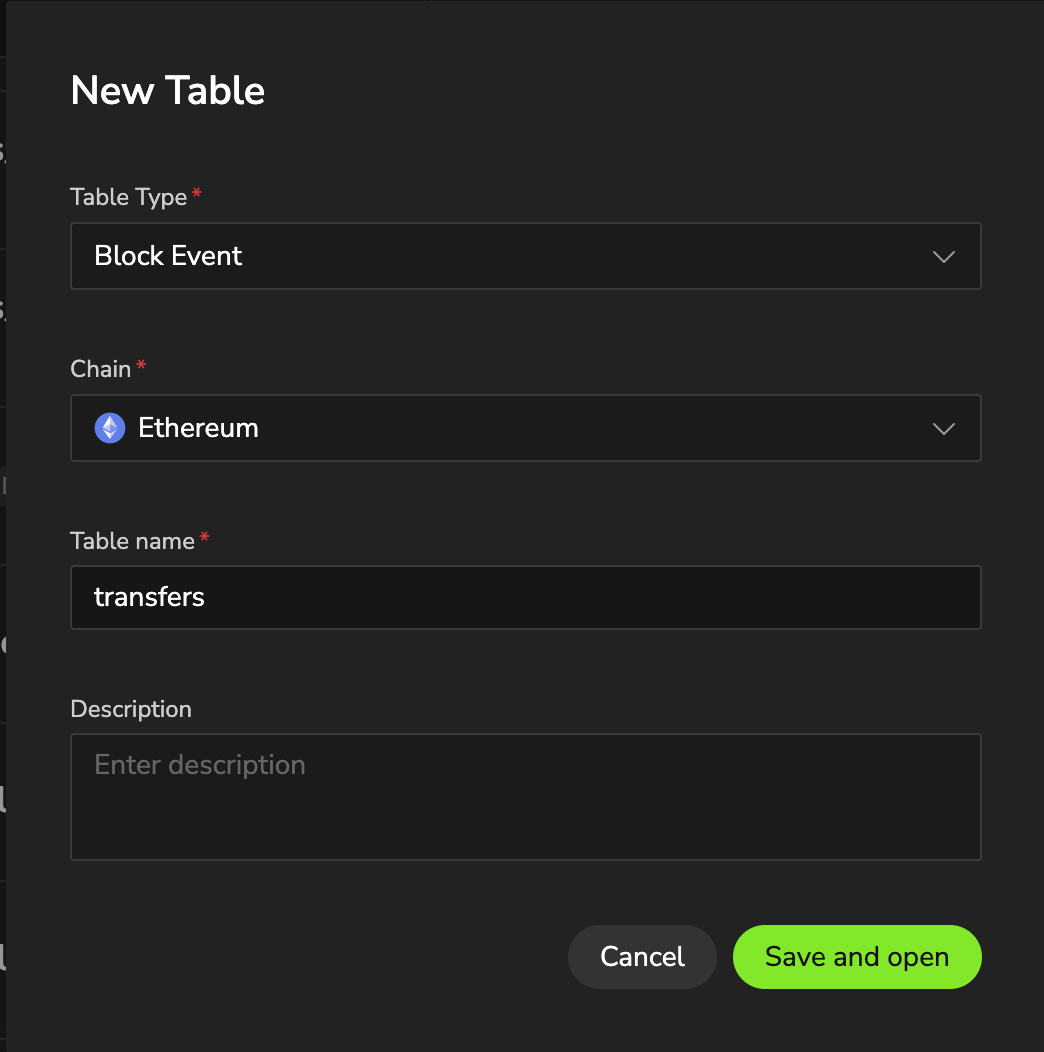 New Table 弹窗