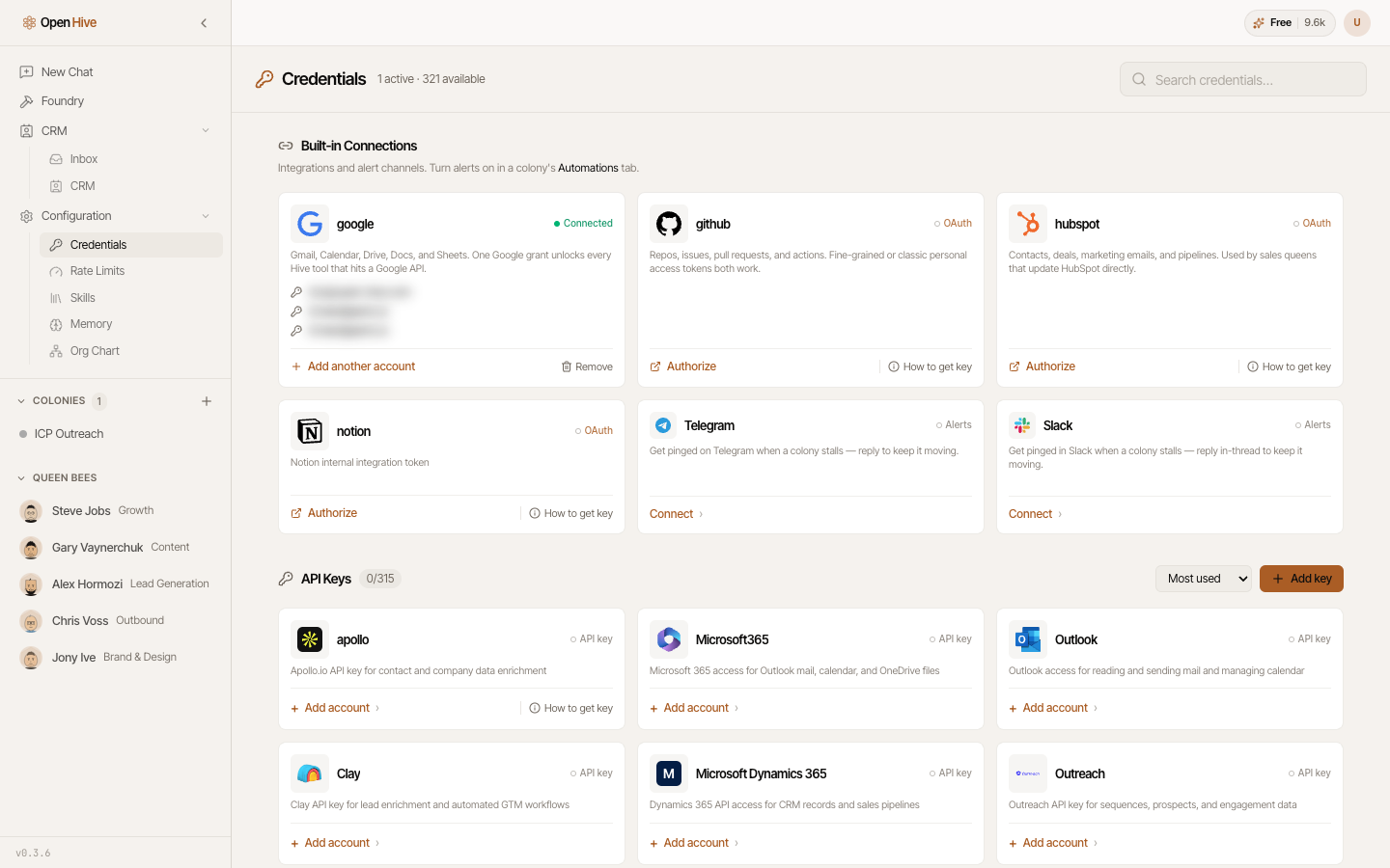 Built-in Connections and the API key catalog.