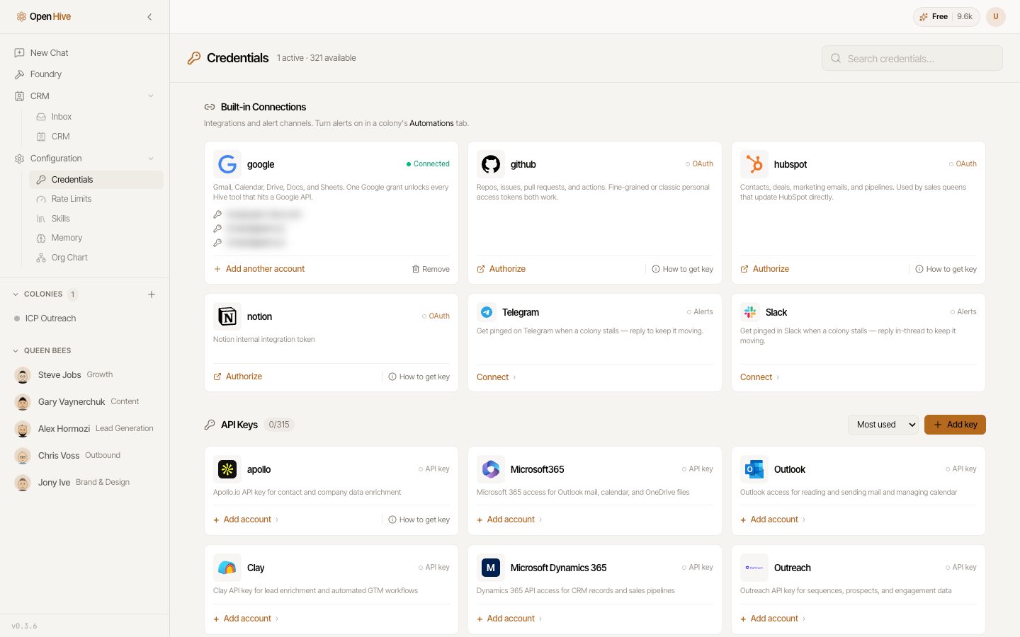 OpenHive credentials page with built-in connections and API-key providers.
