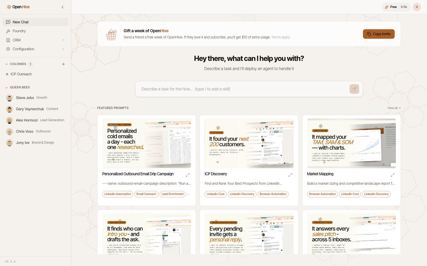 The OpenHive home screen — describe a task, or start from a featured prompt.