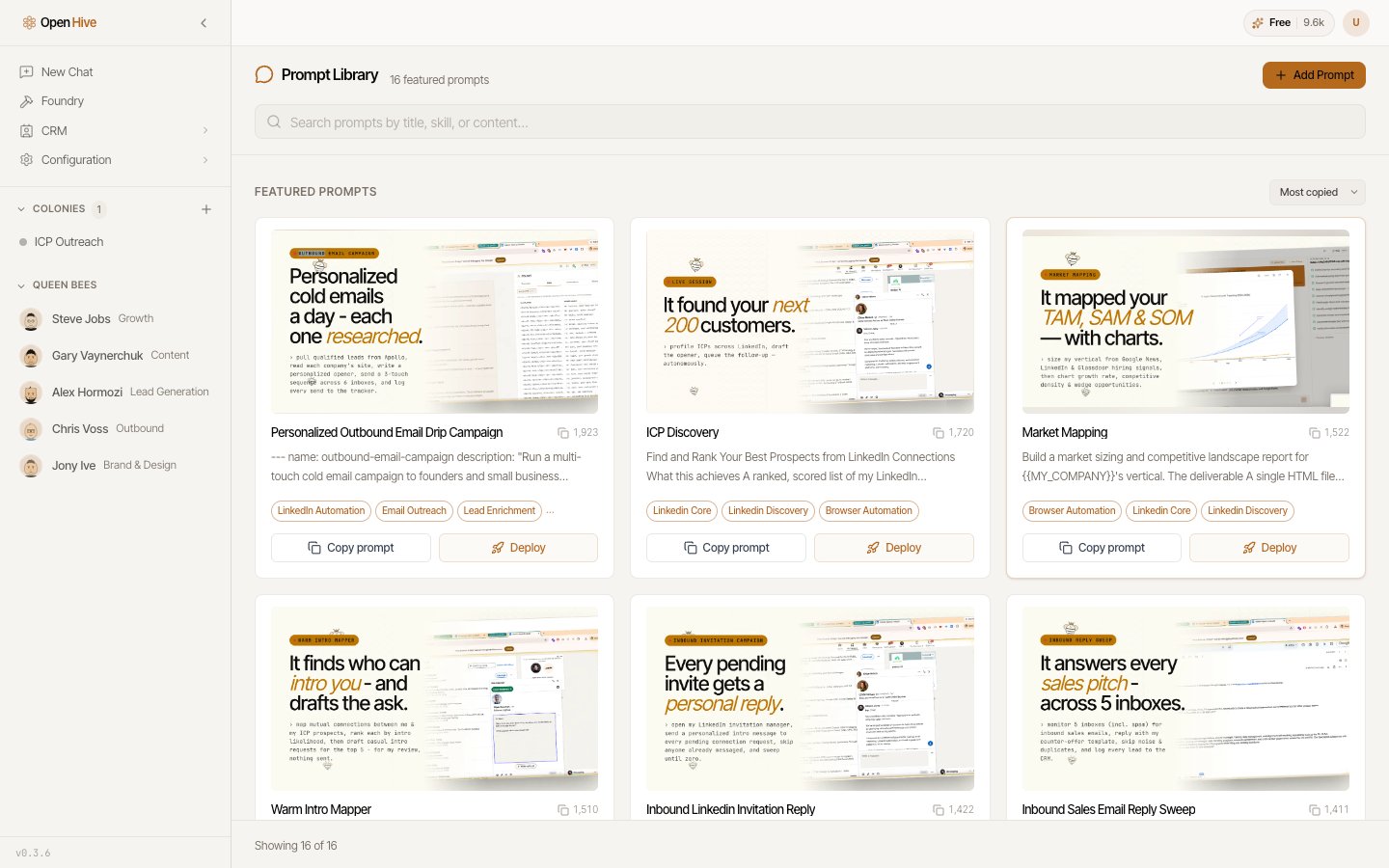 OpenHive prompt library with workflow templates.