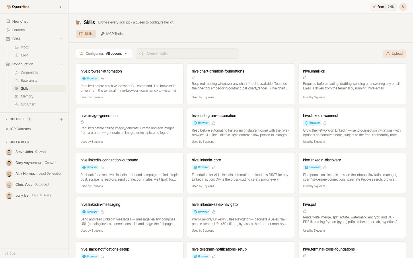OpenHive skills library showing reusable agent procedures.