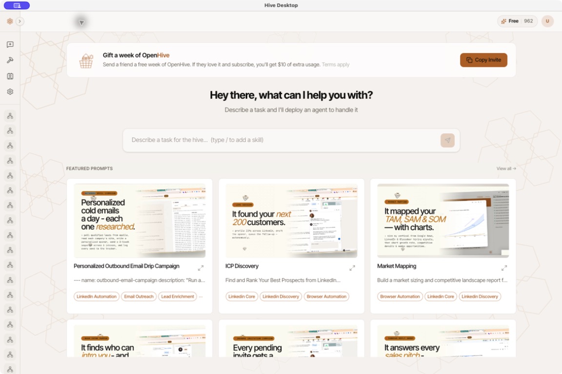 OpenHive home screen showing the task composer above featured prompts.