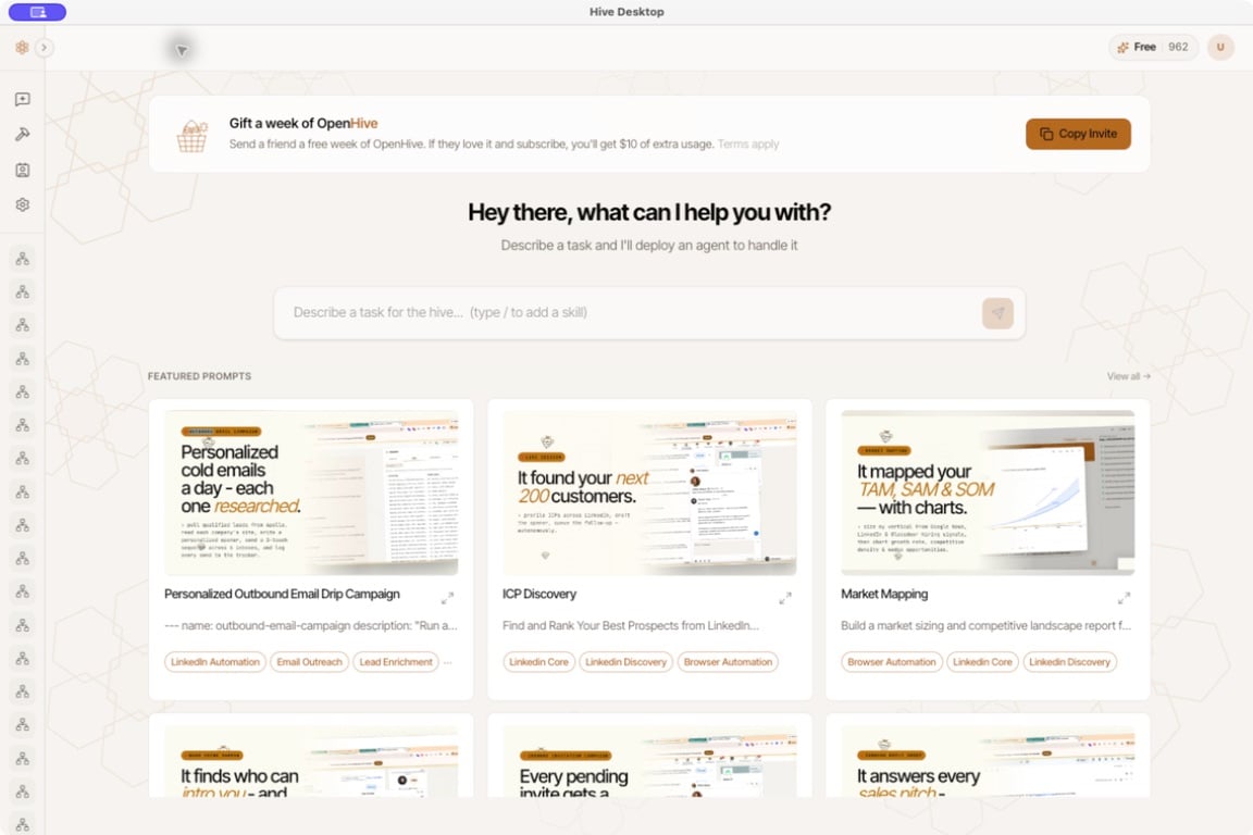 OpenHive home screen showing the task composer above featured prompts.