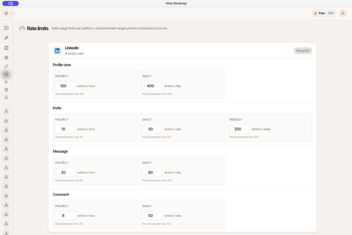 Rate Limits page with separate controls for LinkedIn profile views, invitations, messages, and comments.