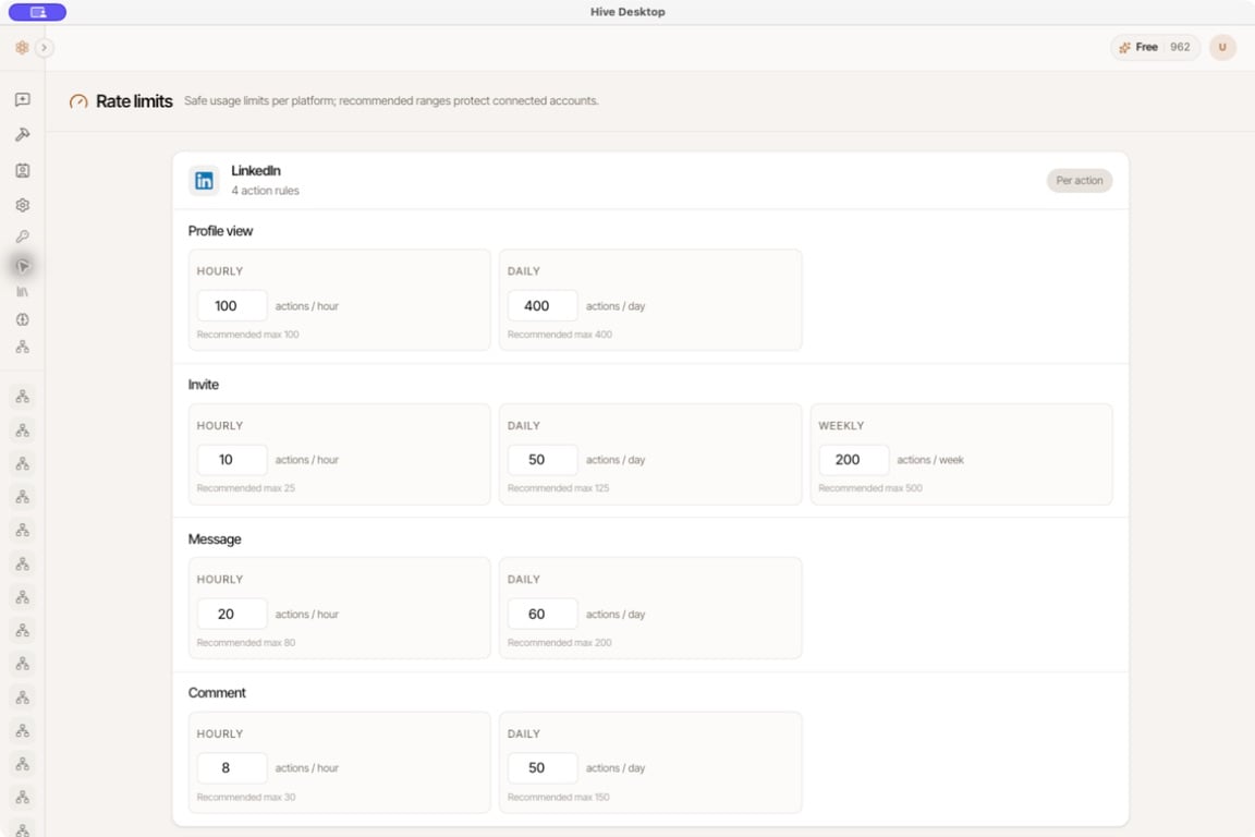 Rate Limits page with separate controls for LinkedIn profile views, invitations, messages, and comments.