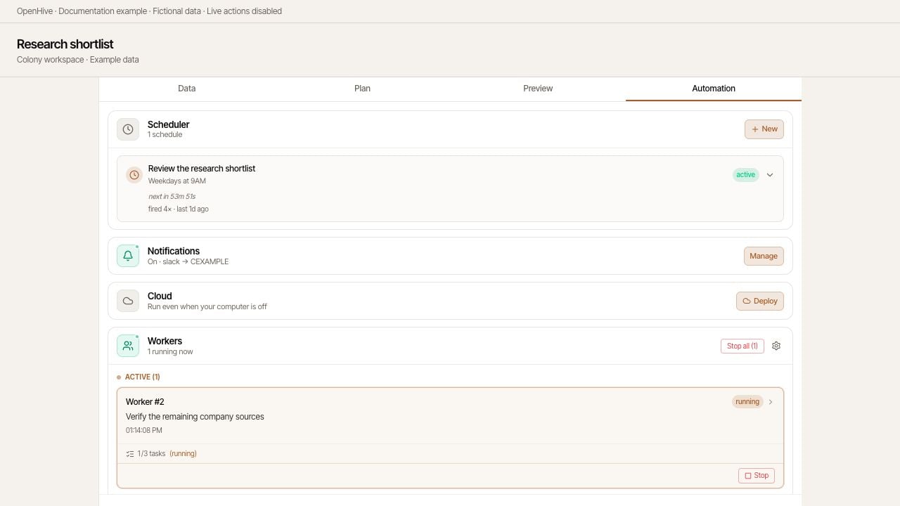 Automation brings schedules, notifications, cloud execution, and workers together.