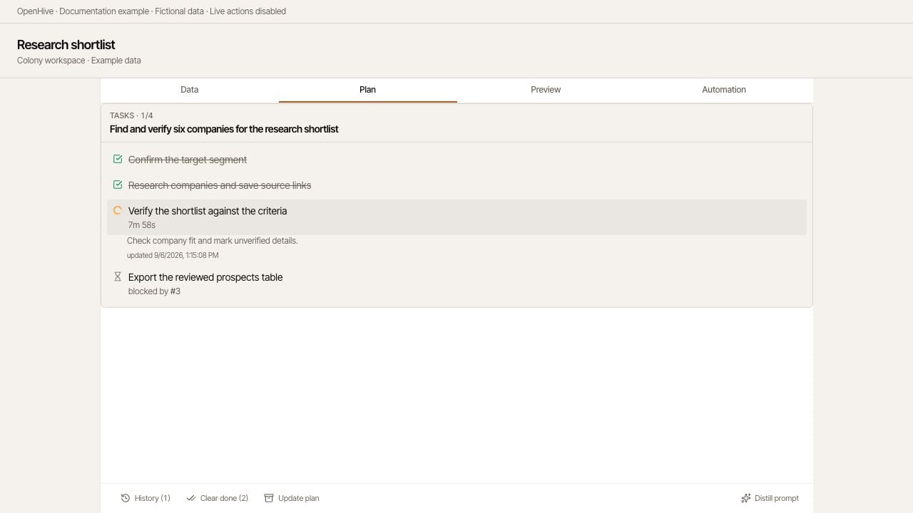 Plan shows example tasks, progress, and a dependency blocker.