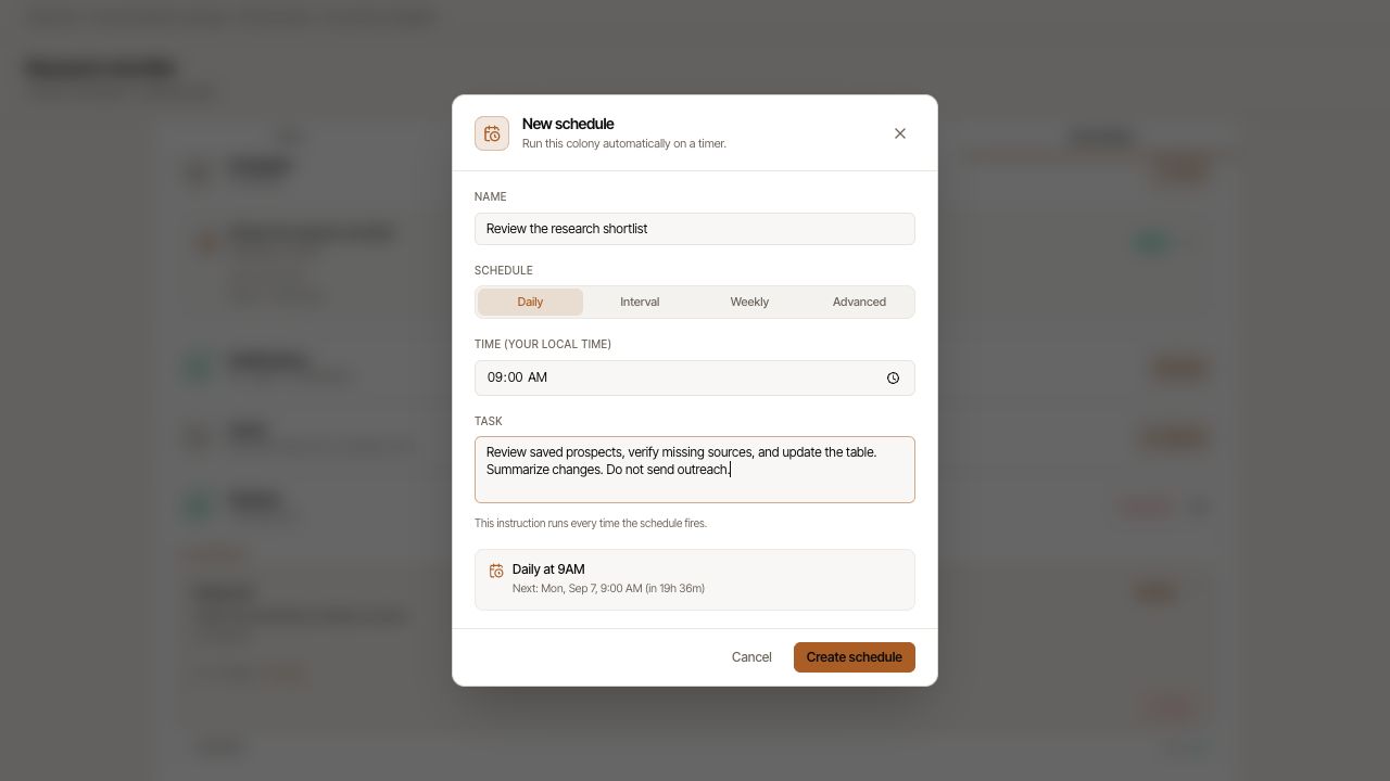 An example daily schedule with a complete task instruction and a time preview.