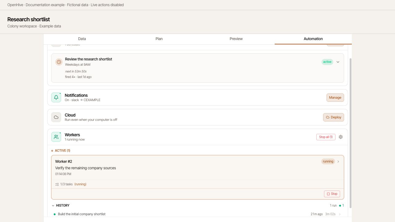 Inspect active workers and expand History to review earlier execution.