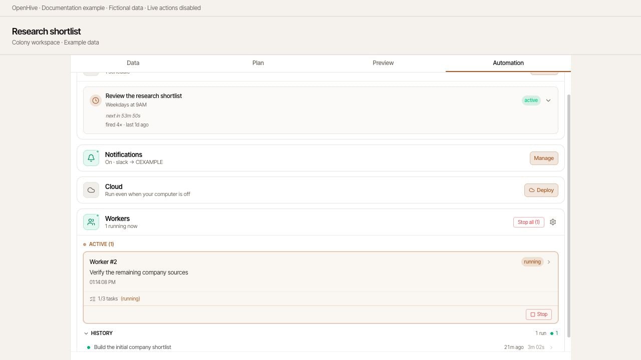 Inspect active workers and expand History to review earlier execution.
