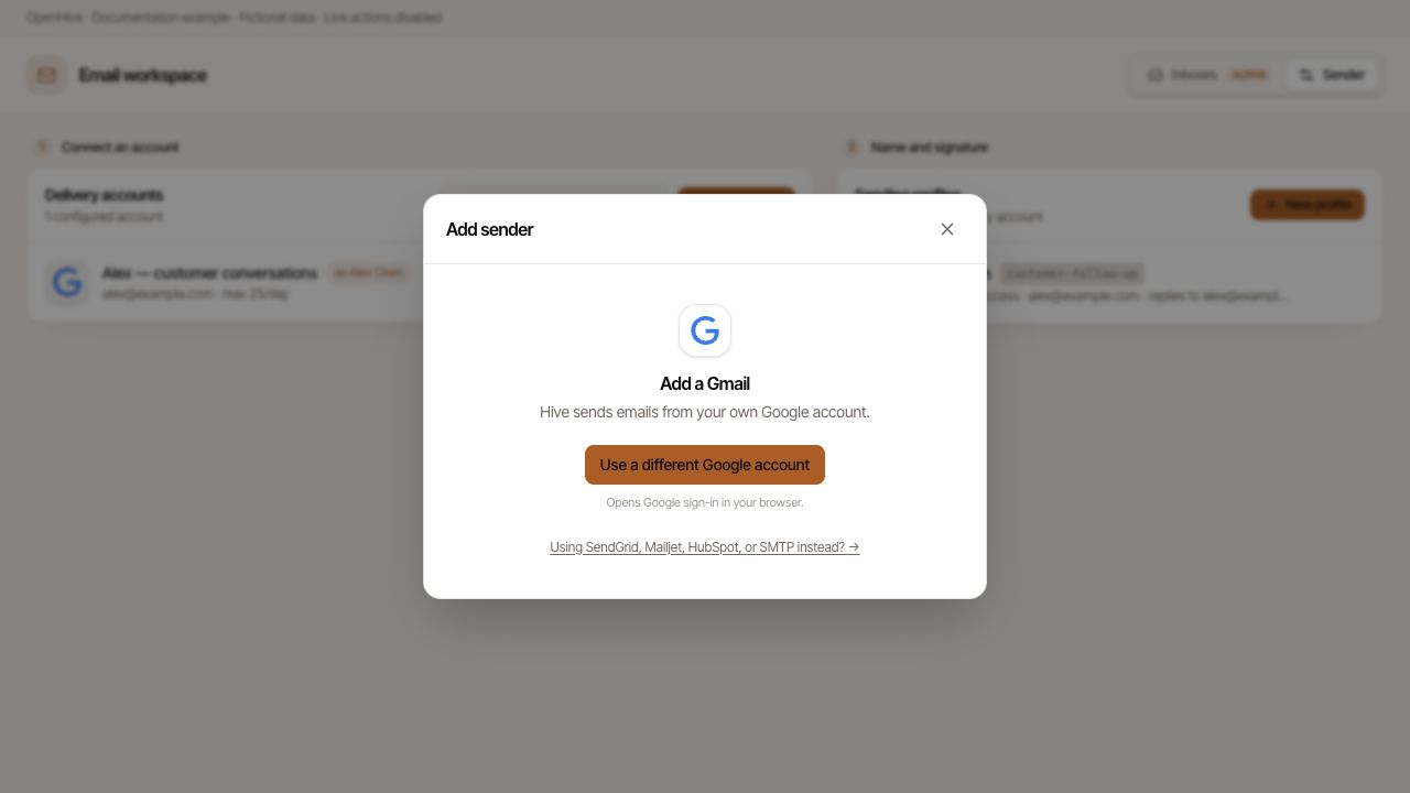 The Gmail connection dialog offers another account when one is already connected.