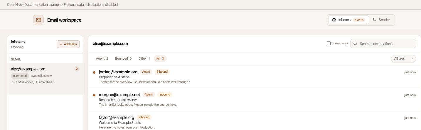 Inbox organizes example conversations by mailbox, category, and tag.