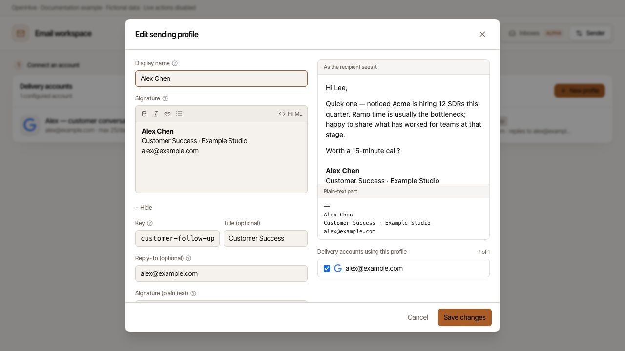 Sending profile editor with Advanced expanded and account assignment visible.