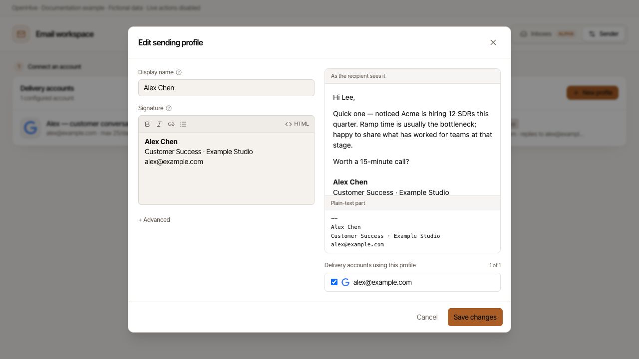 Set a display name and signature, then assign a delivery account.