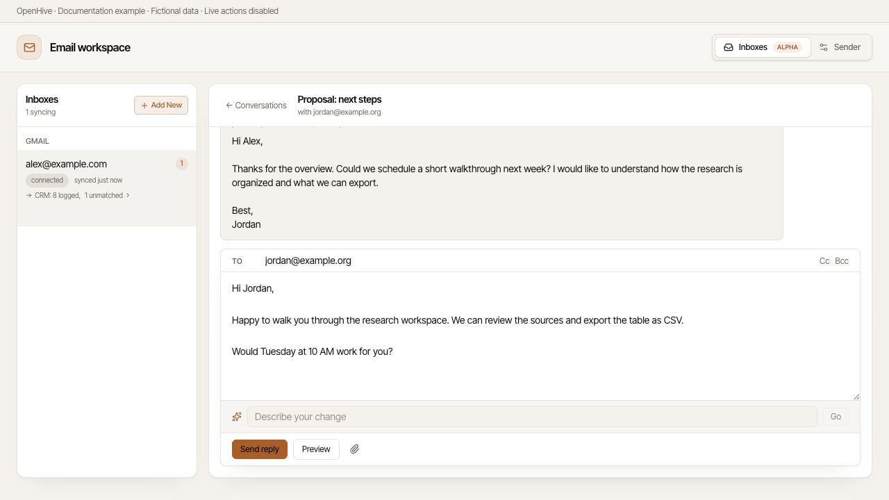 An example thread with a reply draft open; nothing has been sent.
